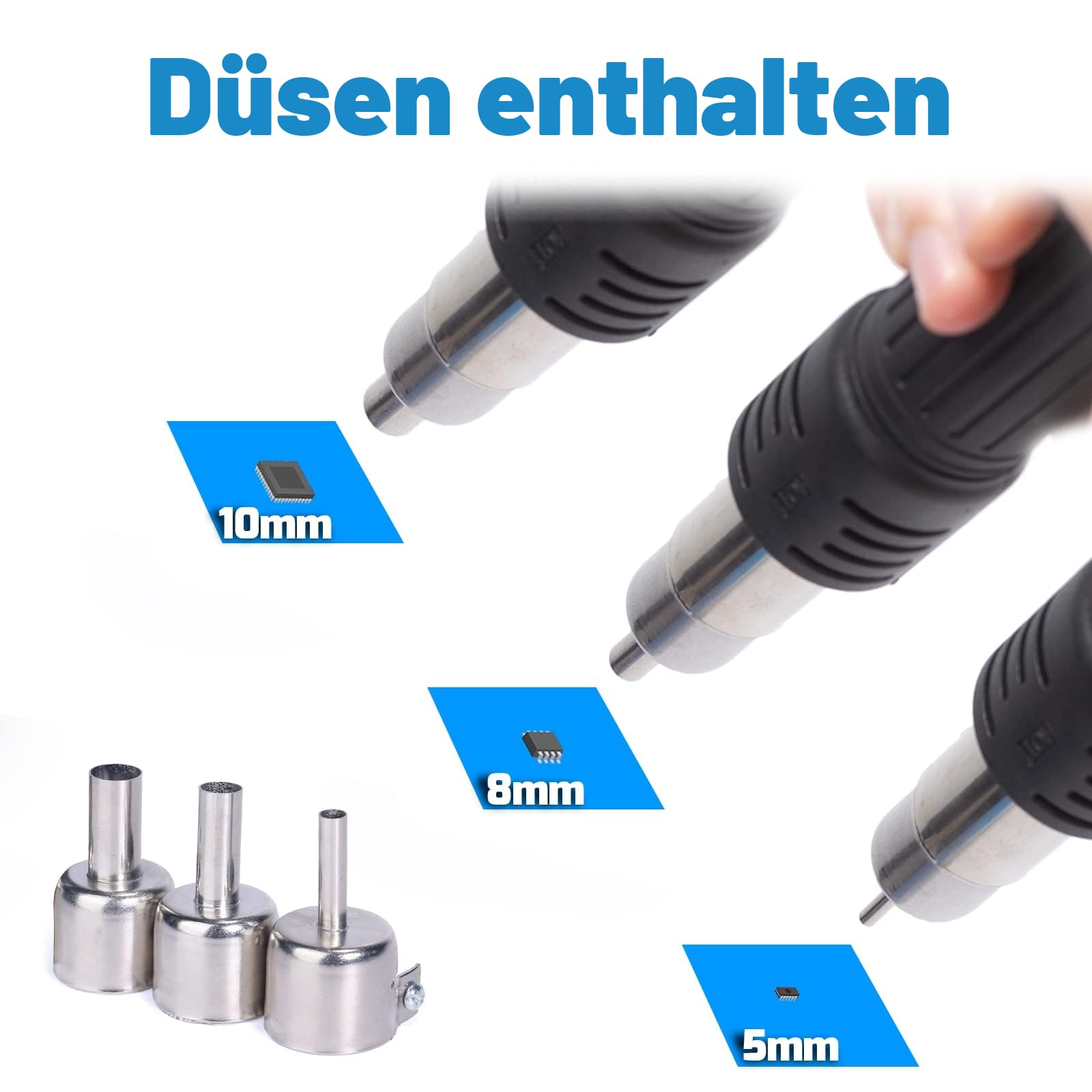 WEP 8858-V heißluft lötstation set mit kompakten Abmessungen, integriertem Düsenhalter, 3 Düsen, 2 Pinzetten, einstellbarer Temperatur & Luftmenge, PID-Programm, °C/°F-Umwandlung und mehr (EU Stecker)