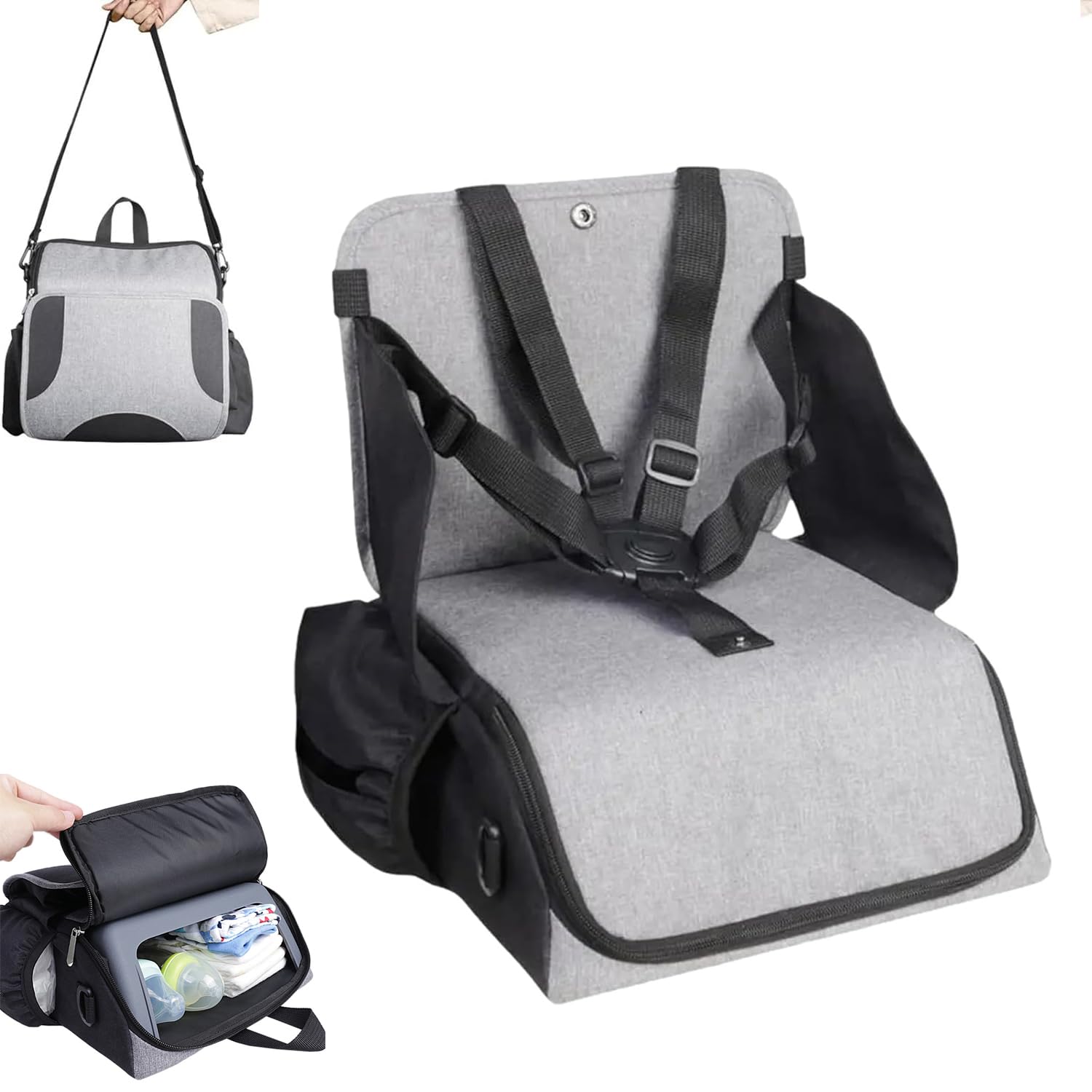Sitzerhöhung Stuhl Kind, Reise Hochstuhl Baby, Klappbar Baby Essen Stuhl Tischsitz mit Rückenlehne und Verstellbaren Sitzgurten, Leicht zu Reinigender Stabiler, für Zuhause Unterwegs (Grau)
