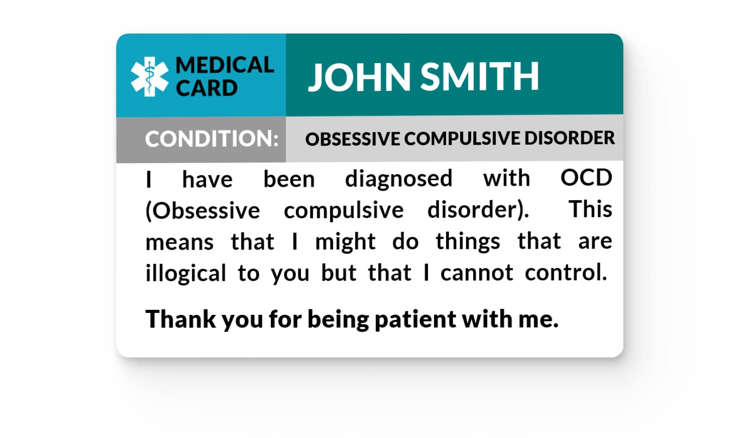 OCD (Obsessive compulsive disorder) Awareness Medical ID Alert Card