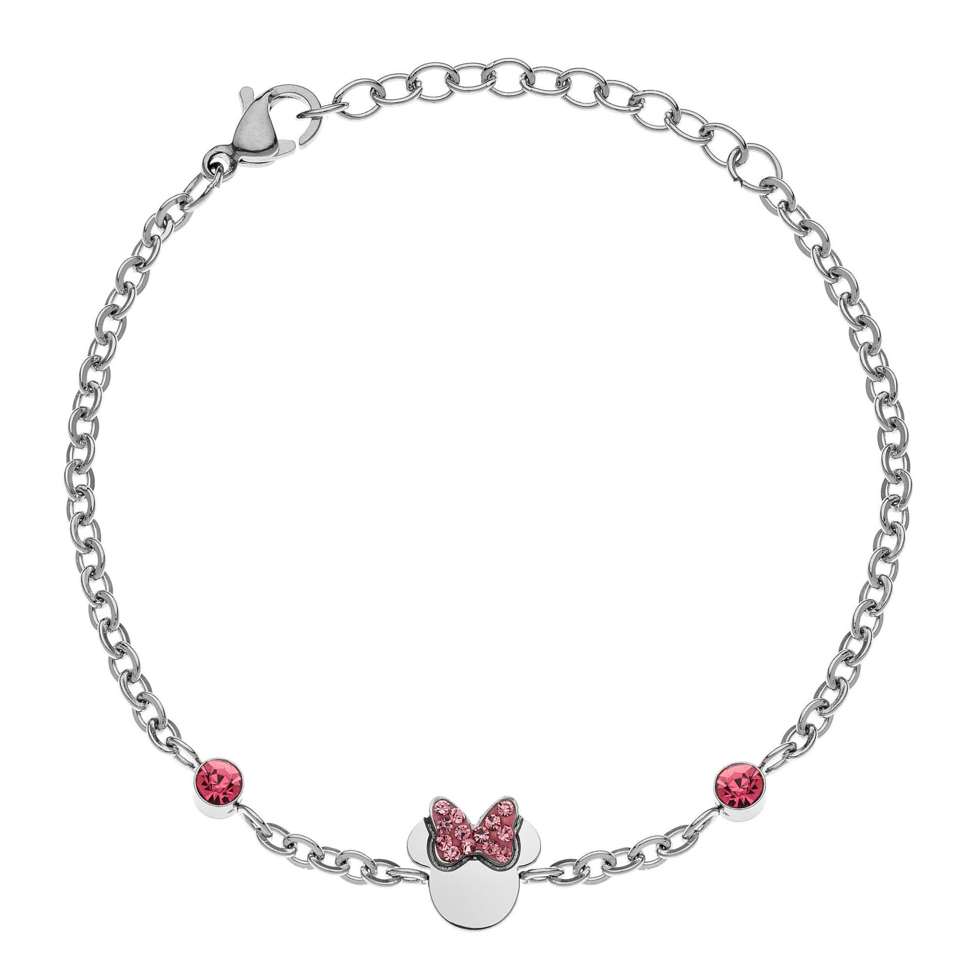Disney Pulsera Minnie para niñas, de acero inoxidable, con cristales cúbicos de circonita, joyas