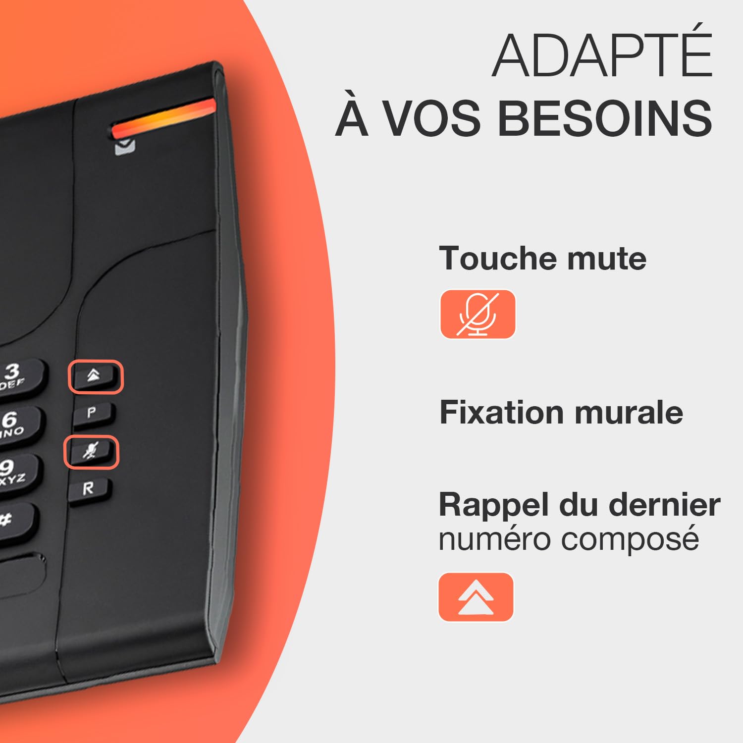 ALCATEL Temporis 180 PRO - Téléphone Fixe Filaire Professionnel - Bibloc -Touche Mute - Indicateur Lumineux - Volume Réglable - Touche Rappel - Installation Bureau/Mur - Noir