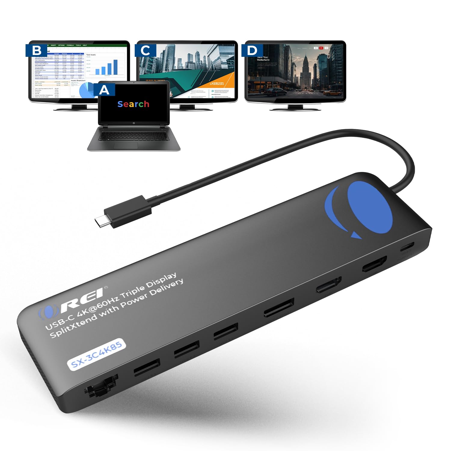 OREI USB C Docking Station Triple Monitor &amp; SplitXtend Laptop Dock, 4K@60Hz