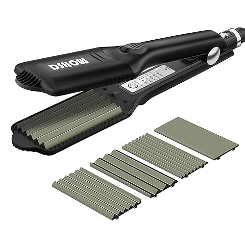 DSHOW Hair Crimper for Women Girls, Hair Straightener with 4 Interchangeable Titanium Ceramic Flat Crimping Iron Plates - Black-a