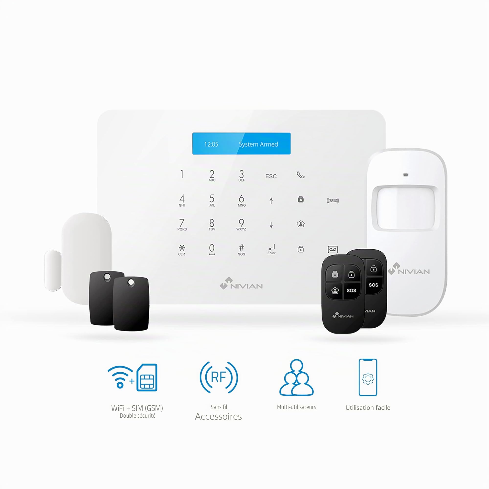 Nivian - Système d'alarme pour Maison et Entreprise sans Frais mensuels | Kit d'alarme WiFi/GSM | Télécommande Via l'application Tuya | Installation Facile sans câbles | Jusqu'à 60 détecteurs