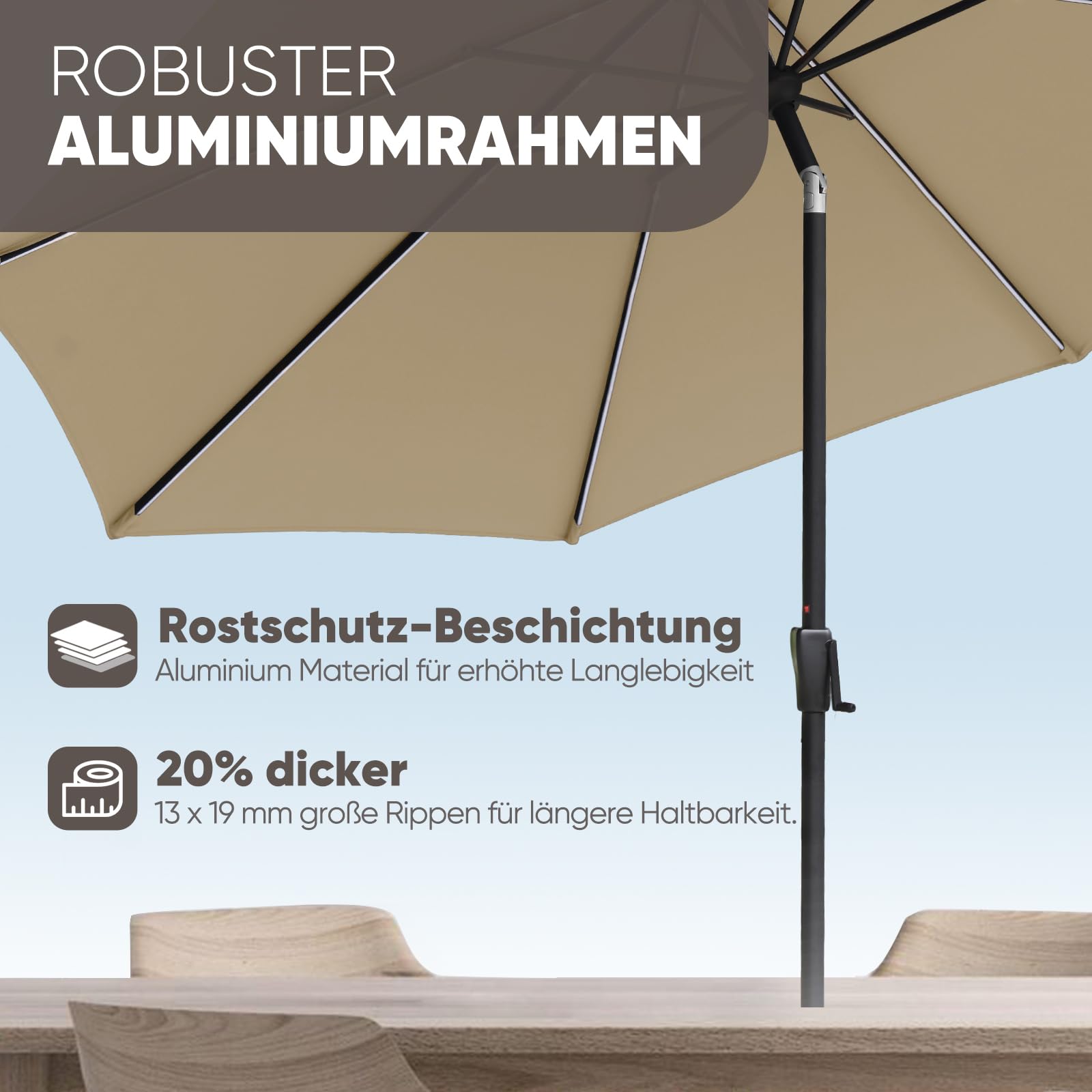 Sekey Alu Sonnenschirm 330 cm mit Kurbel, Wasserabweisend Gartensonnenschirm mit UV50+ Schutz– für Garten, Balkon & Terrasse, Taupe
