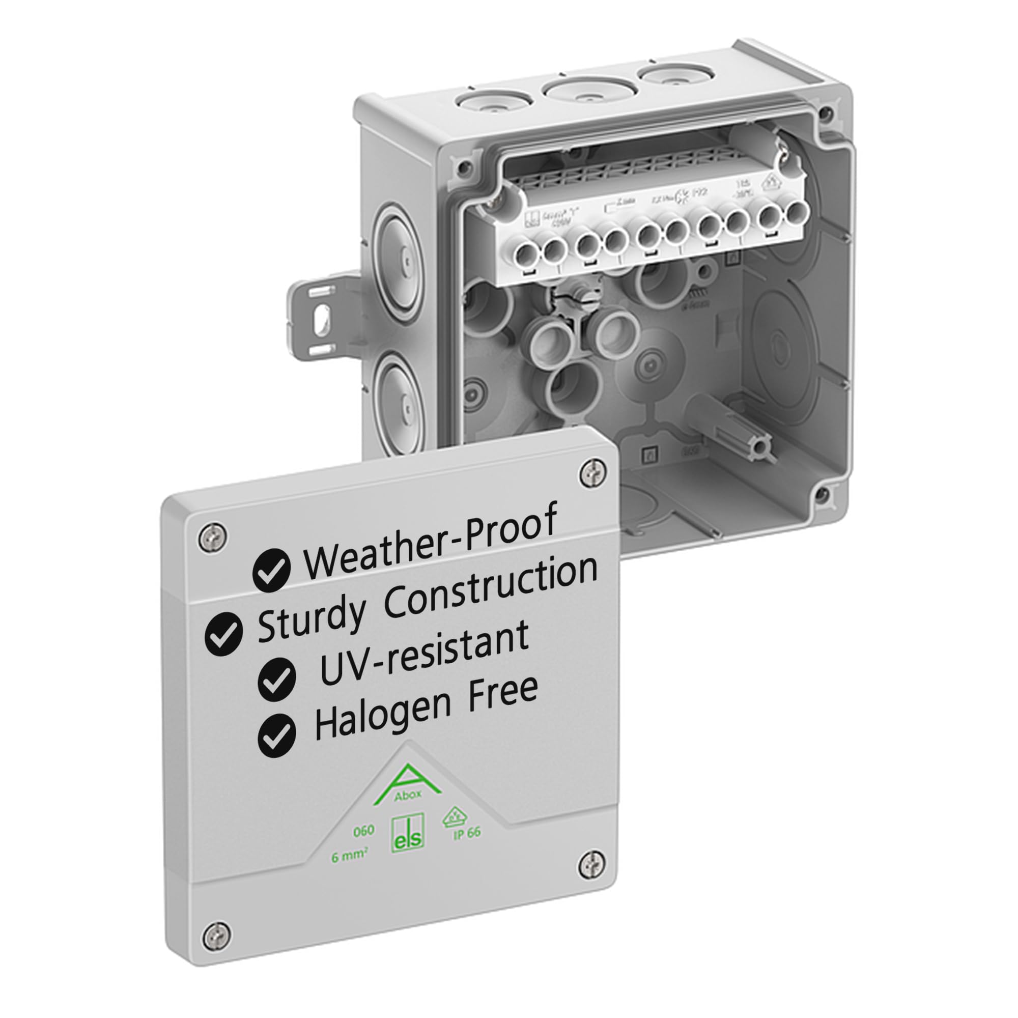 Spelsberg Abox 060 AB-6² - IP66 Waterproof Junction Box with External Fixing Points & Raised Screw Terminal - 5-pole - 6 mm² - Rated 690V for Industrial & Outdoor (Grey