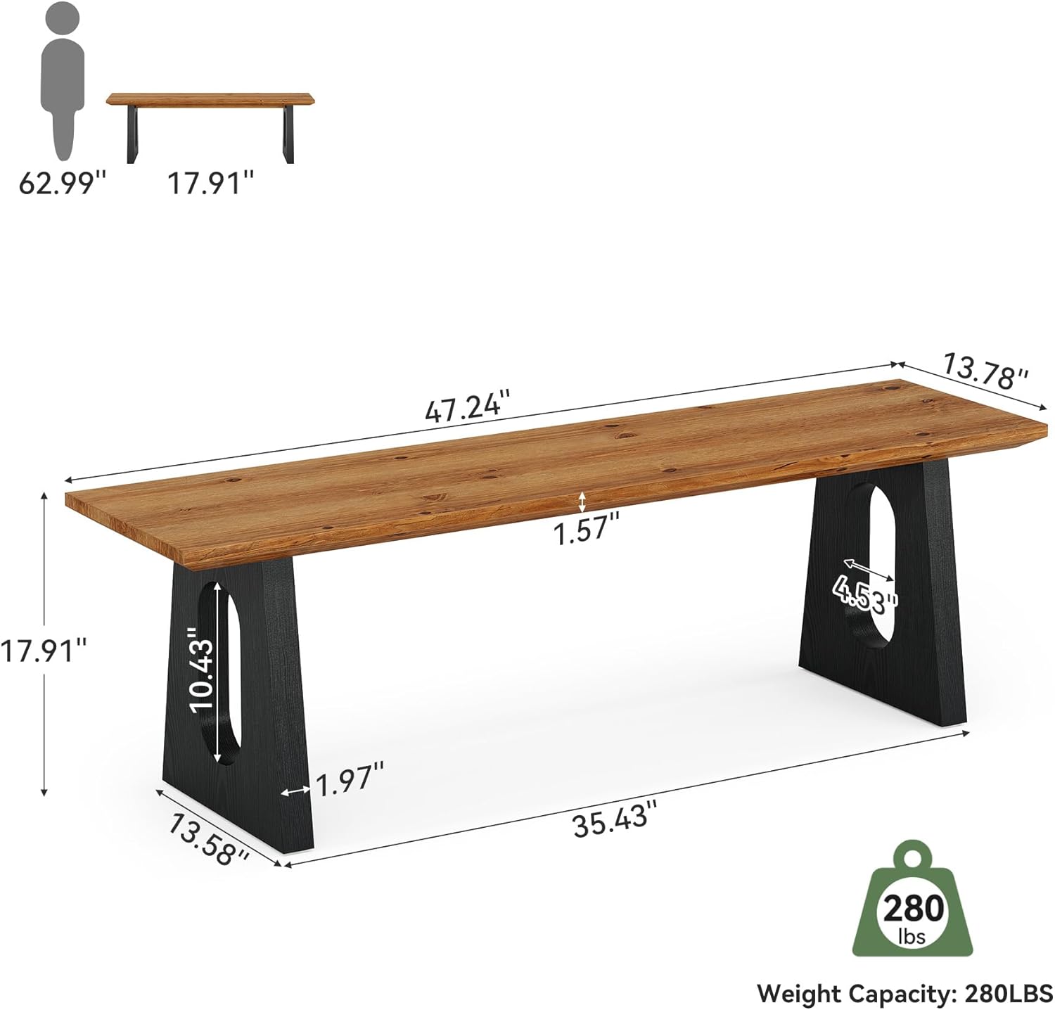 Solid Wood Bench, 47-Inch Farmhouse Dining Bench, Rustic Entryway Bench for Dining Room, Entrance, Bedroom, Hallway, Easy Assembly, Brown & Black