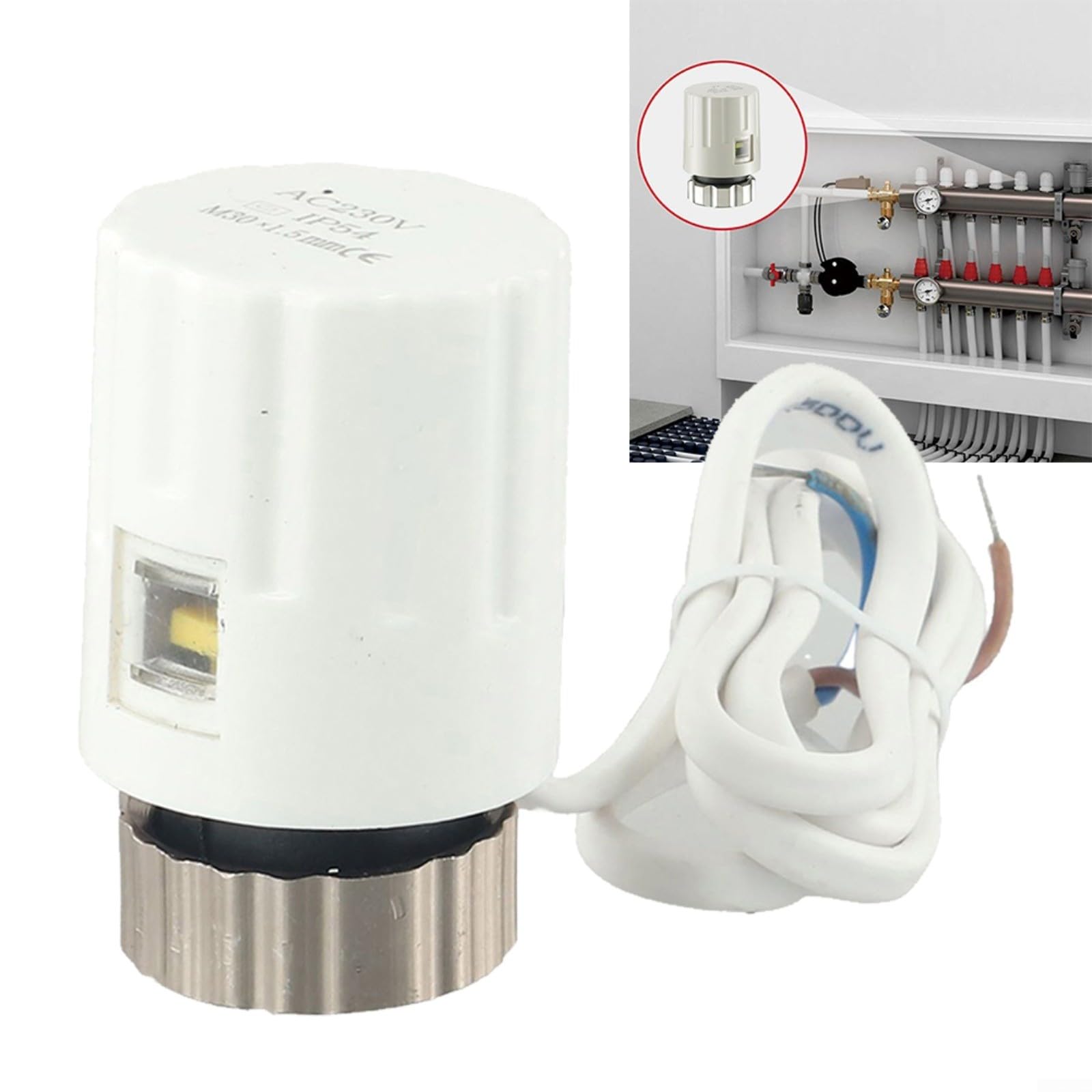 Elektrischer Heizungsaktor 230V, normalerweise offen, für M30x1.5 Anschluss, 110N Schubkraft, mit Thermostatischer Regelung, passend für Warmwasserbodenheizung und Heizungszubehör