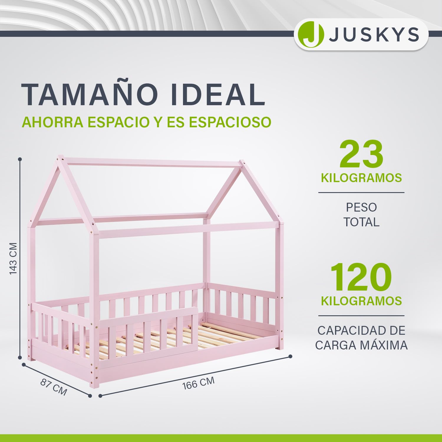 Juskys Cama Infantil Marli 80 x 160 cm con protección anticaída, somier y Techo - Cama casa de Madera Maciza para niños - Cama en Color Rosado