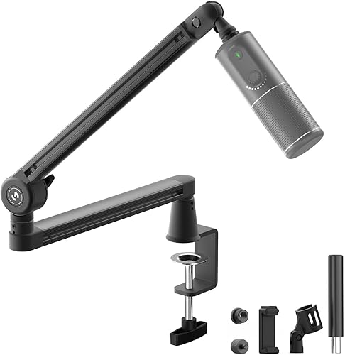 CMTECK Brazo de brazo de micrófono, soporte de brazo de micrófono de perfil bajo con gestión de cables, abrazadera de montaje de escritorio,