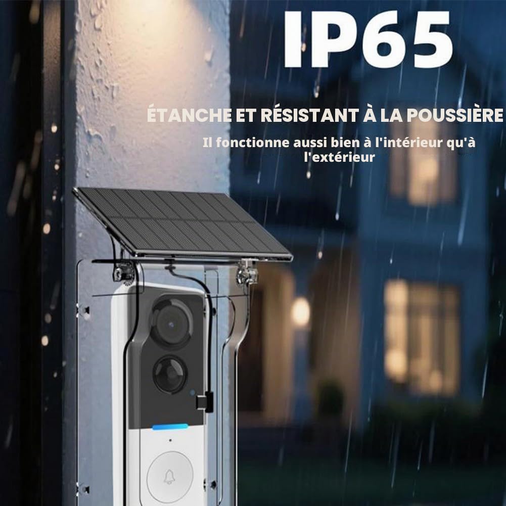 Caméra de sonnette sans fil solaire avec couvercle étanche, interphone vidéo 1080p, vision nocturne, détection de mouvement PIR pour appareils intelligents Tuya (blanc)
