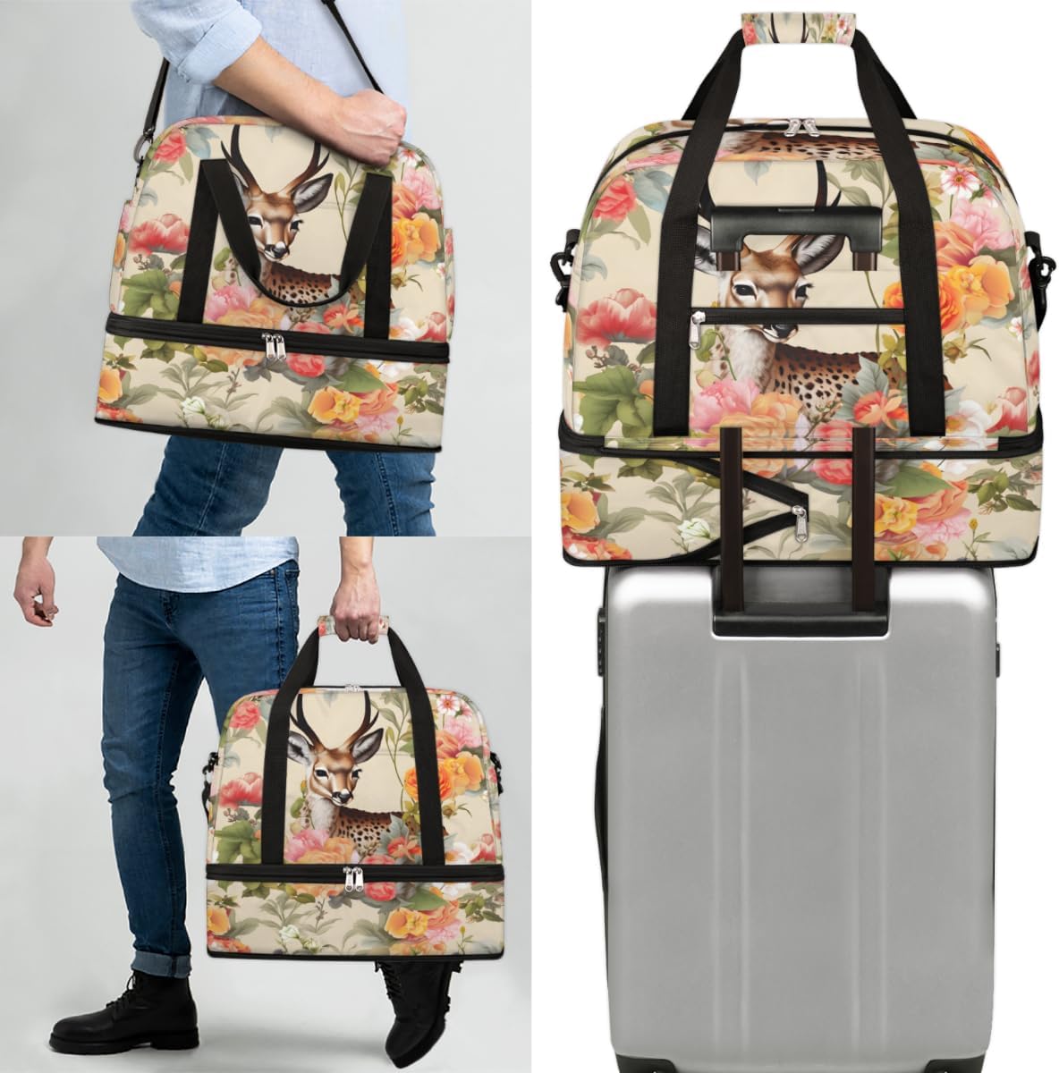 QsirBC Winter Deer Theme Gym Bag for Women Duffle Tote with Shoes Compartment Men Weekender Duffel for Dance Travel Sports Swimming Overnight