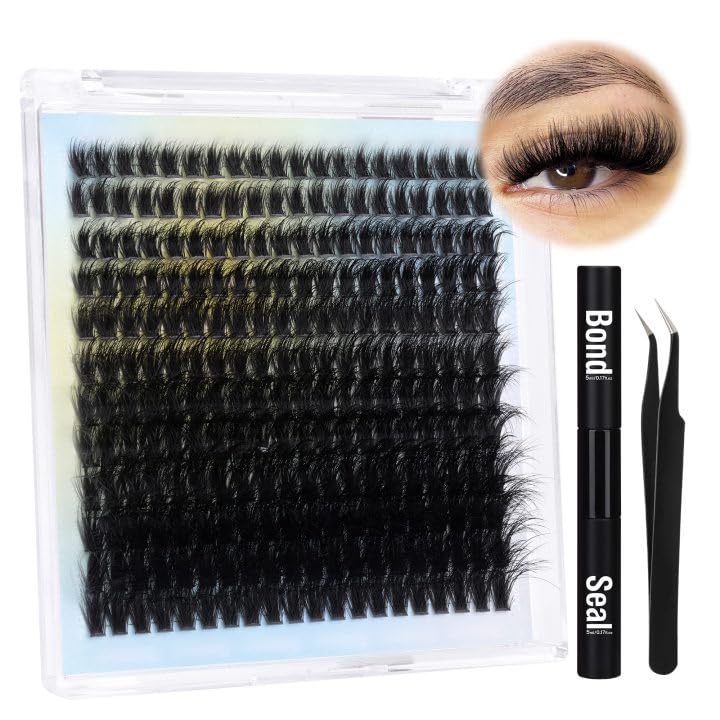 Fluffy Lash Extension Kit Wimpern Cluster Kit D Curl Volume Eyelash Extensions 240PCS Einzelwimpern Cluster Fluffy Eyelashes Clusters Lashes Kit mit Bond and Seal, Wimpernpinzette