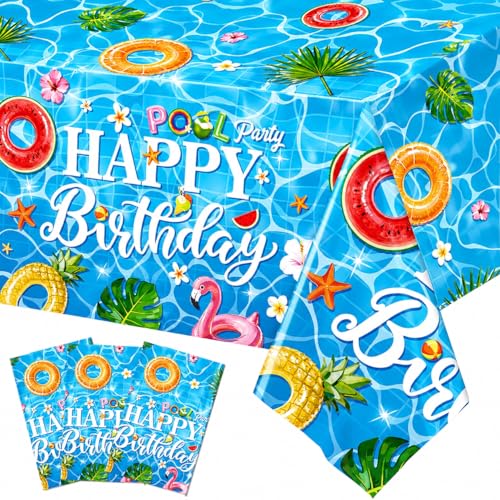 QIYANPAX 3 Pack Summer Pool Party Tablecloth Summer Beach Disposable Table Cover for Hawaii Beach Pool Birthday Party Decorations 54 108
