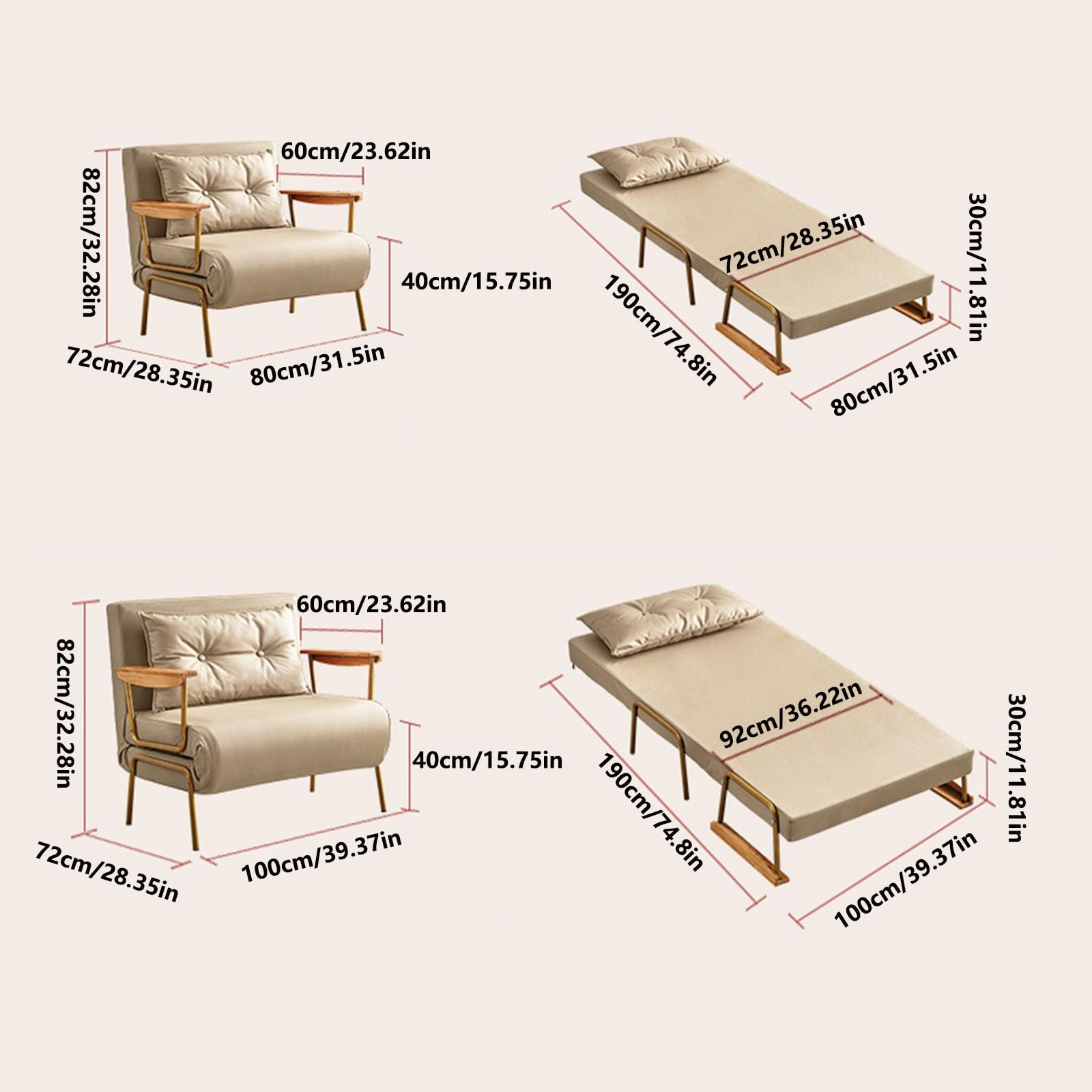 Składane krzesło do spania, rozkładana sofa do spania, regulowana sofa z funkcją spania, nowoczesne krzesło domowe ze sztucznej skóry do salonu/biura domowego/łóżka dla gości / mieszkania / loft na