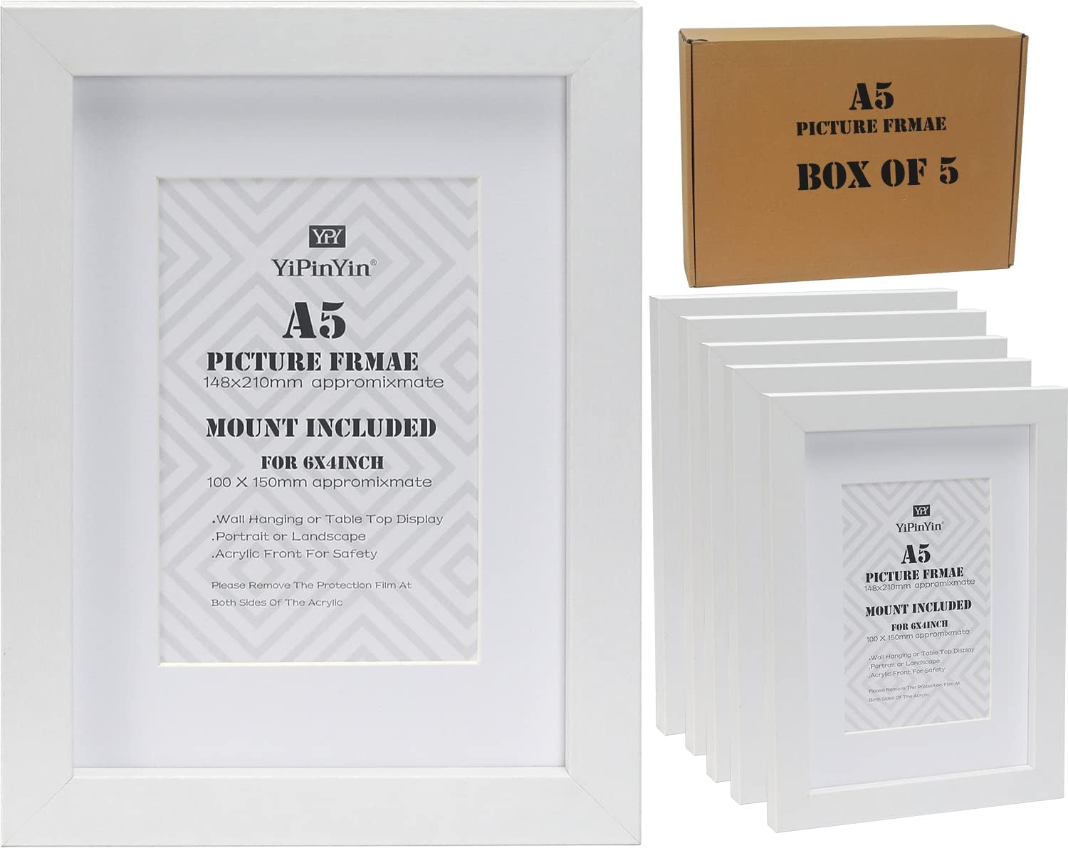 White A5(14.8X21cm) Document Frame with Mount for 6x4'' Set of 5,White