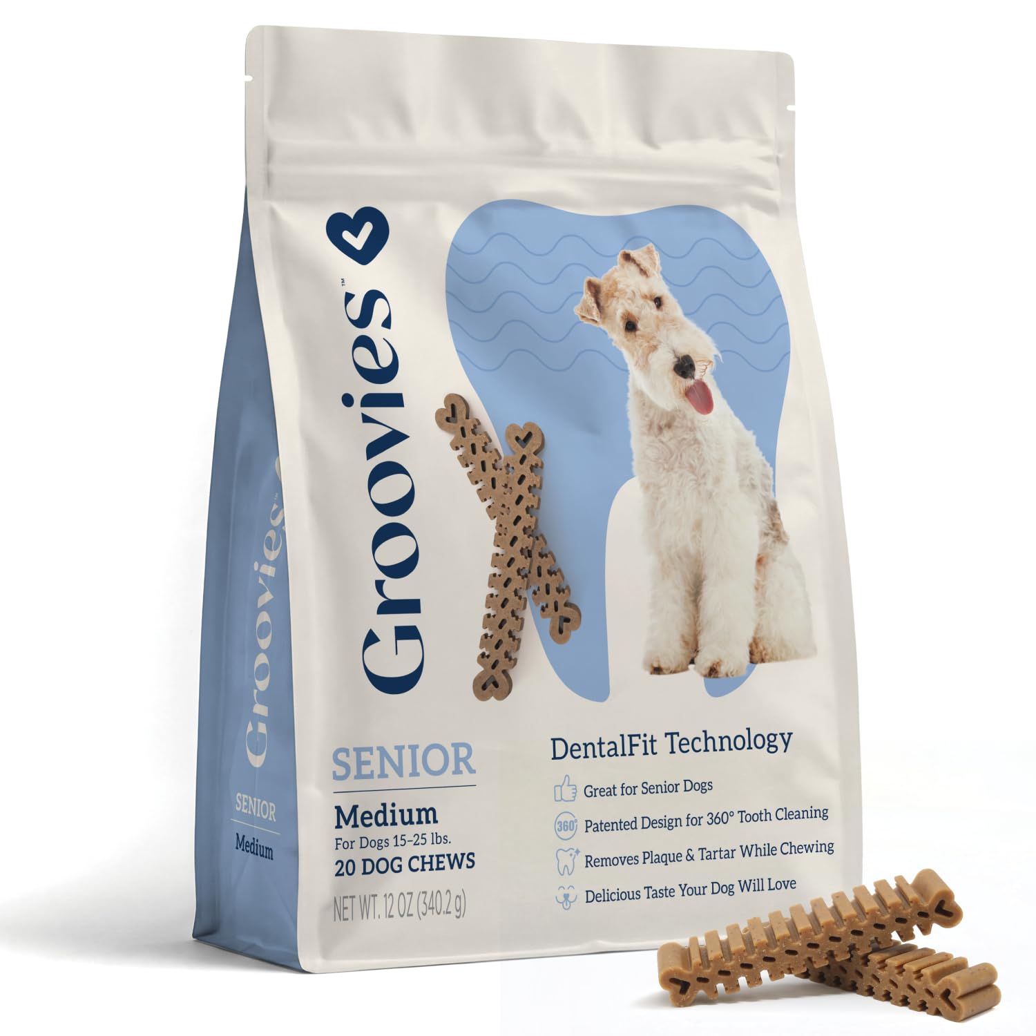 Groovies Senior & Gentle Chewers Medium Dog Dental Chews, 15-25 lbs, 20Ct