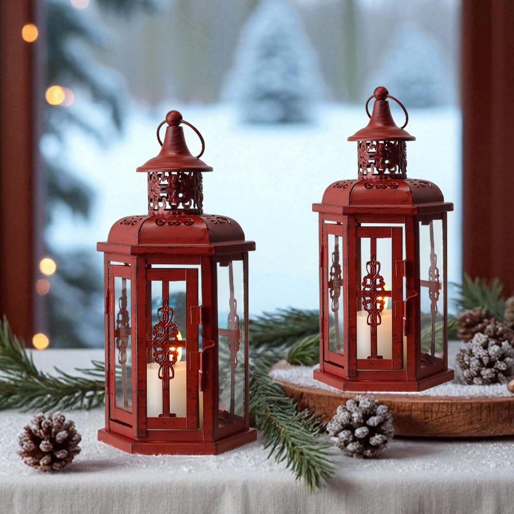 JHY DESIGN 2er-Set Dekorative Kerzenlaternen 25 cm hoch Hängende Vintage Laternen Metallkerzenhalter für Innen- und Außenveranstaltungen, Partys, Gotisch und Halloween (Rot mit schwarzem Pinsel)