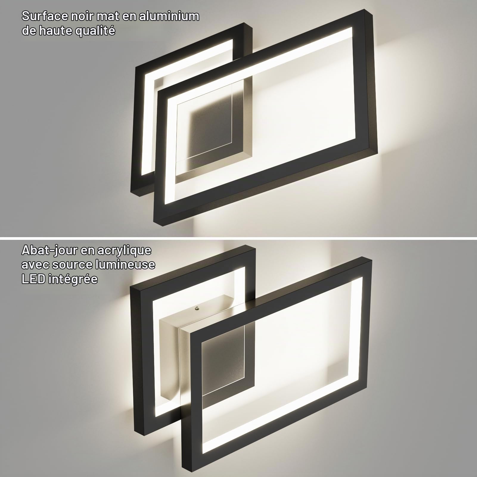 Klighten Applique Murale Interieur Design, Lampe Murale LED Mordern, Appliques Interieur Décoratif, Lumière mural pour Chambre, Salon, Couloir, 24W, 1960LM, Blanc Naturel 4000K, Noir