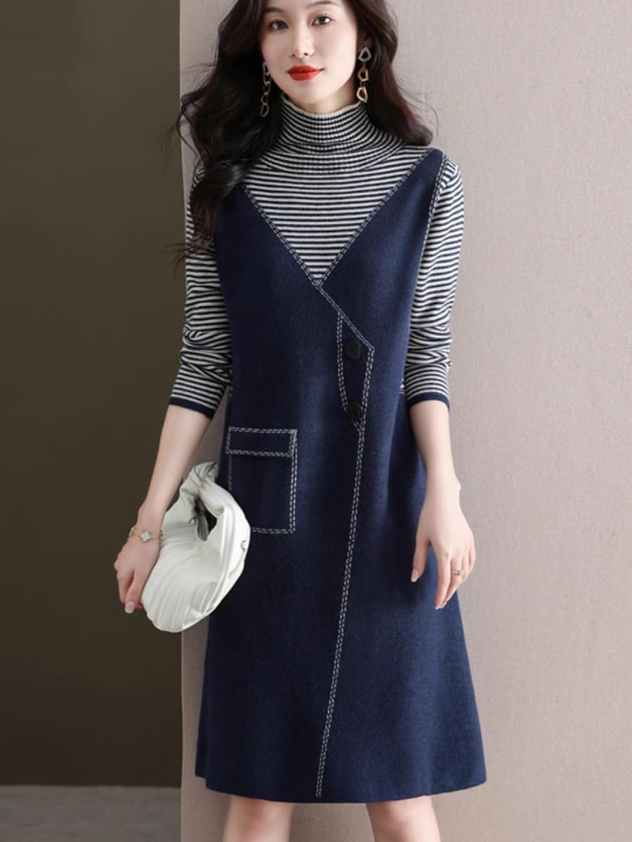 LIXINGHEITANG Dress Women's Autumn and Winter mid-Length Sweater Two- Skirt Loose Wool