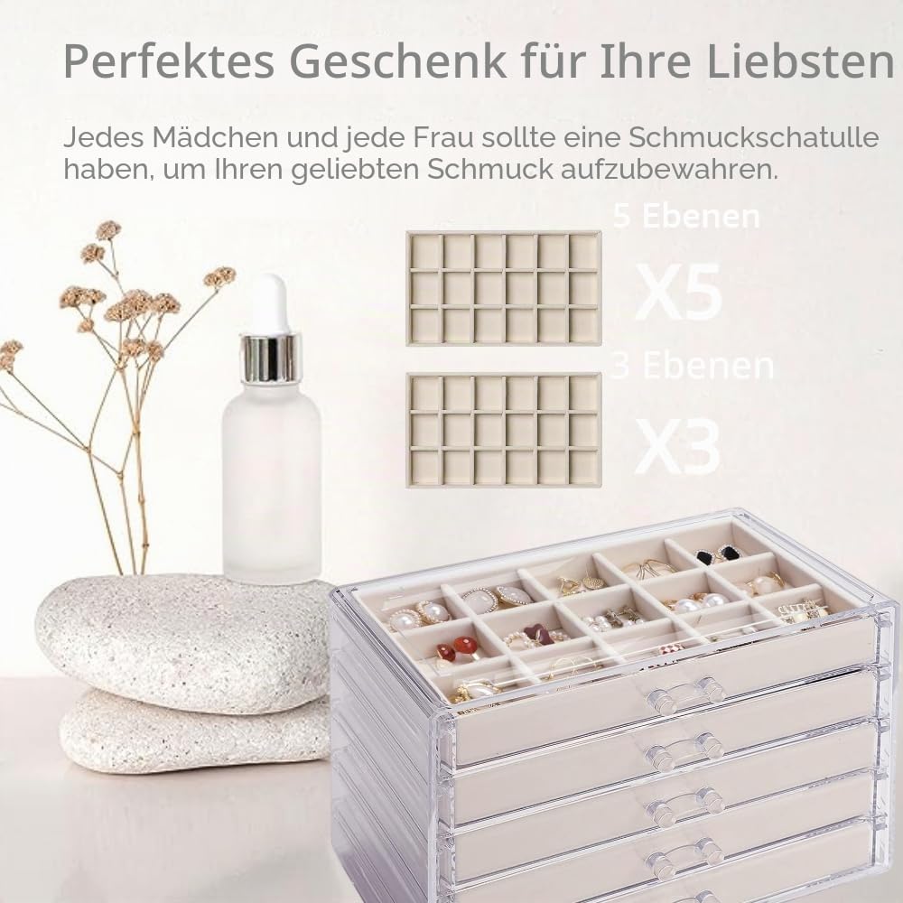 Sightday 5 Schubladen Ohrring Aufbewahrungs Schmuckkästchen,Acryl+Samt Schmuckaufbewahrung Schublade,Aufnehmbare Tabletts Jewelry Organizer für Schmuck Aufbewahrung,Halsketten,Ringe,Ohrringe(Beige)