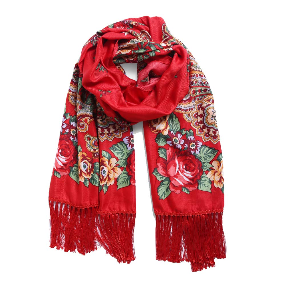 Traditional Tassel Exotic Wrap Printed Scarf for Women Warm Soft Large Long Rectangular Fashion Scarves, Red, One Size