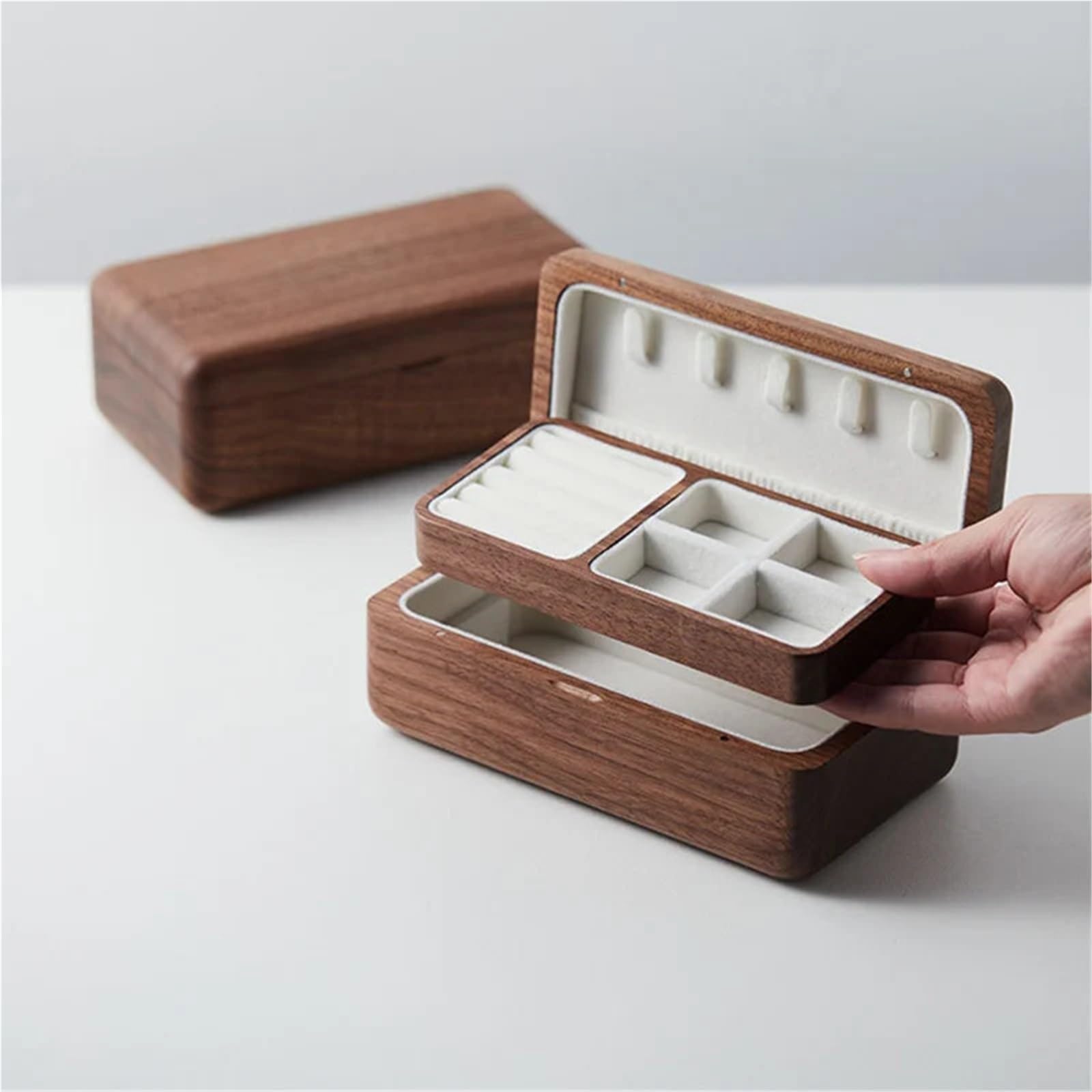 Generisch Contenitore a doppio strato per accessori, custodia in legno, collane, bracciali, orecchini, organizer, regalo di nozze, legno di noce nero (grigio interno)
