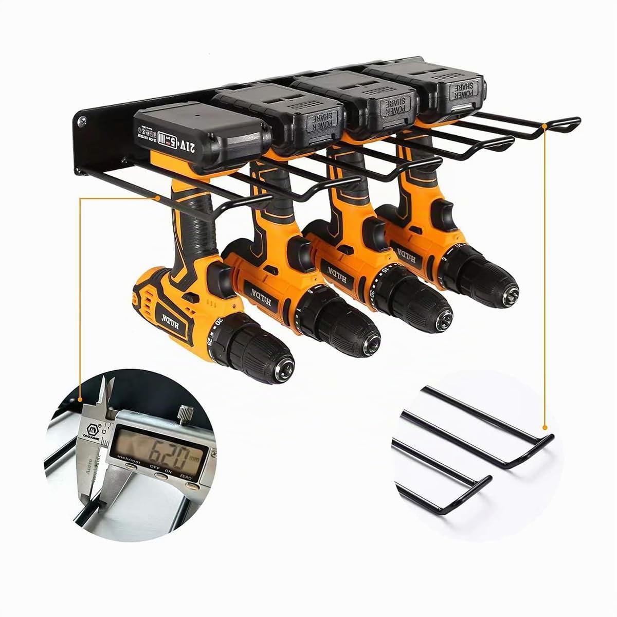 Organizador De Herramientas Eléctricas,Estante De Almacenamiento,Soporte De Pared Para 5 Herramientas De Taladro Eléctrico,Juego De Organizador De Pared De Metal Sólido Para Garaje,Hogar,Taller(Negro)