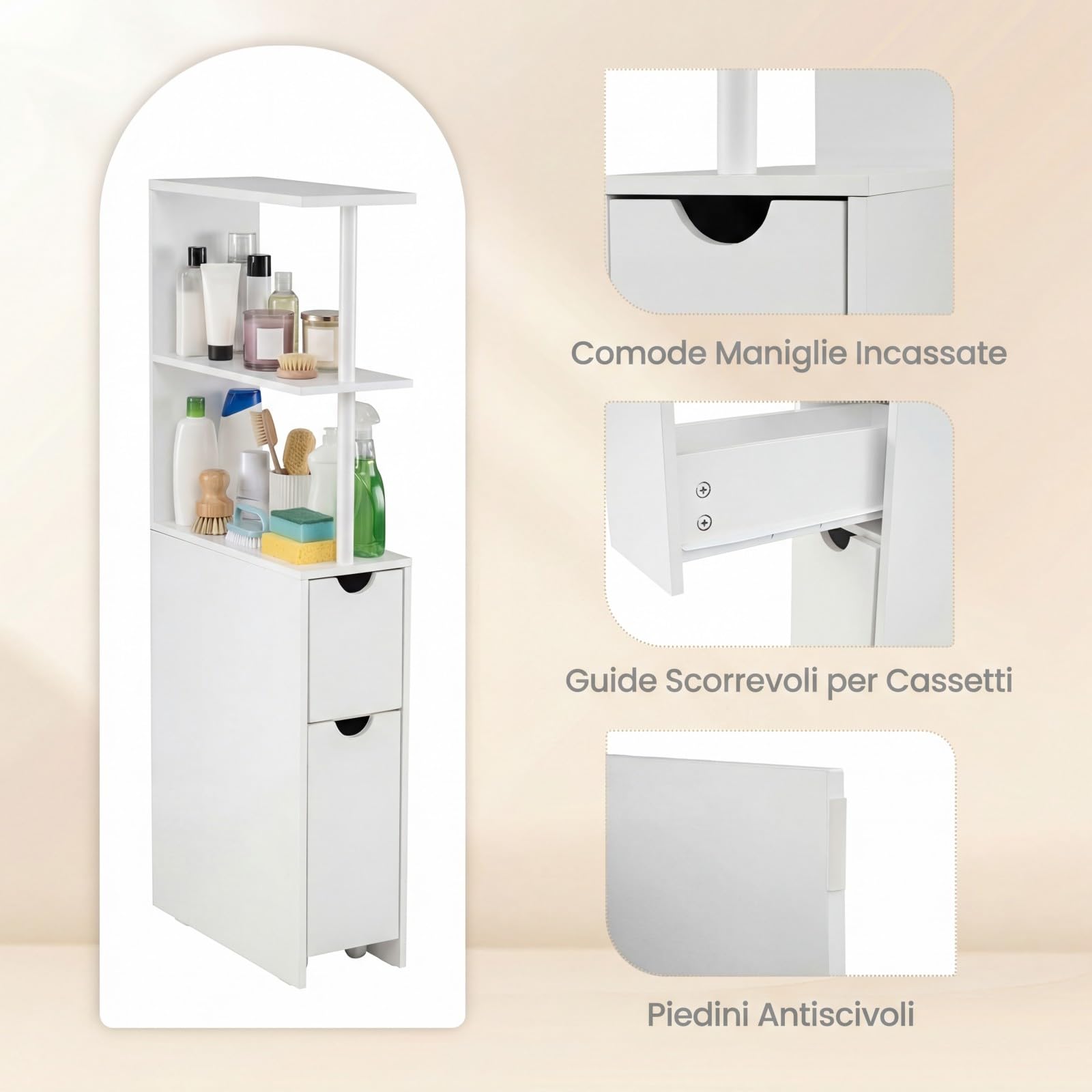 COSTWAY Mobile da Bagno Salvaspazio, Mobiletto Stretto e Autoportante con Ripiani Aperti, Cassetto Scorrevole e Carrello Estraibile, Mobiletto a Terra in Legno per Cucina, 45 × 20 × 114 cm