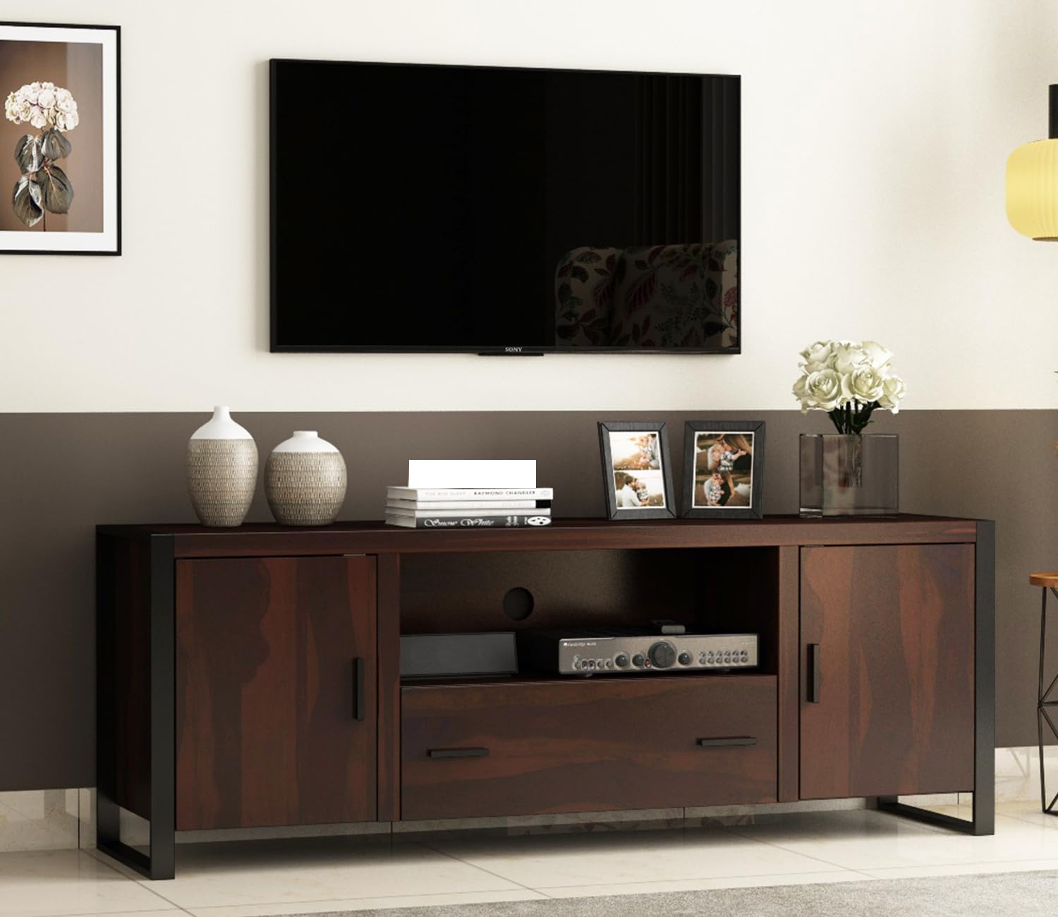 MetalTree Rustic Solid Sheesham Wood & Metal TV Unit for Living Room