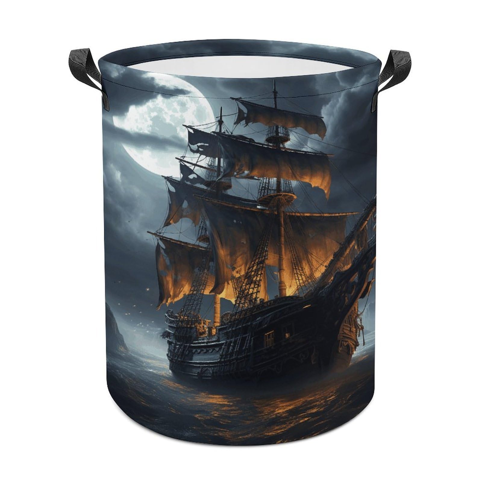 Pirate Sailboat Full Moon Laundry Basket Large Foldable Laundry Hamper Waterproof Clothes Hamper with Handles Durable Dirty Clothes Storage Bucket for Bedroom Bathroom Laundry Room