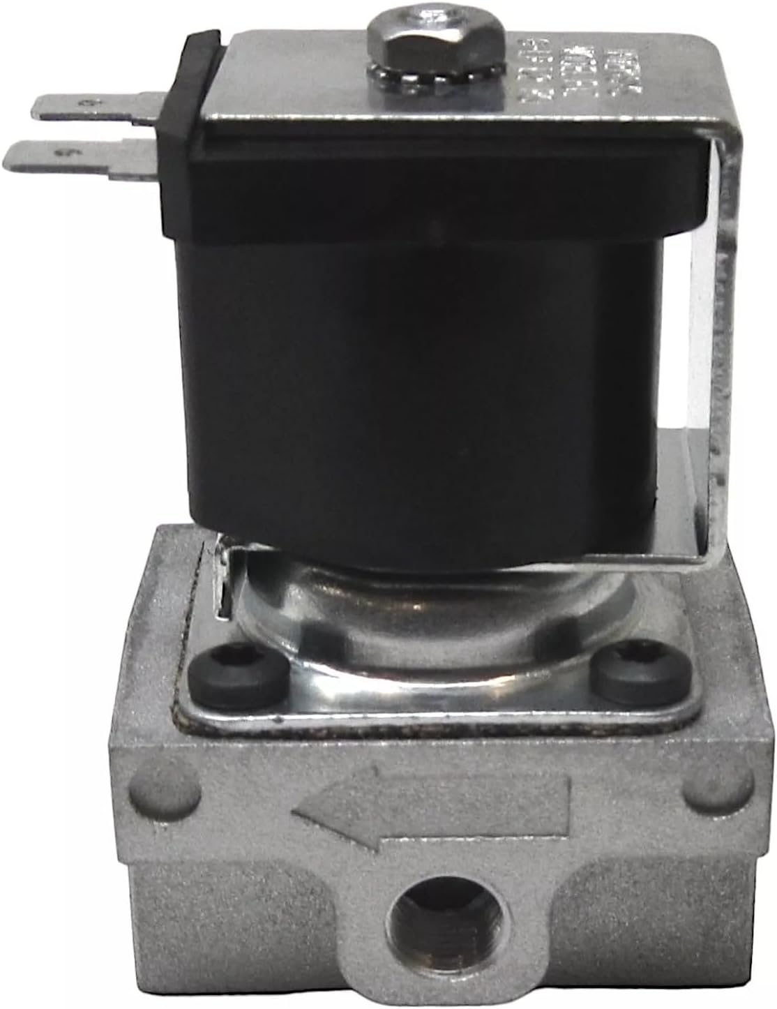 Side view of the 4075-029 Gas Solenoid Valve, showing the electrical terminals and the gas inlet/outlet.