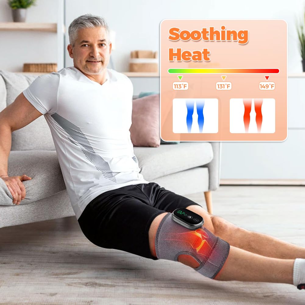 Joyzan Masseur de Genoux, Massage Genoux 3 in 1 Genouillère Chauffante Sans Fil Fonction de Vibrations Appareil Massage Pour Genou Épaule Coude Mollet 2 Ceinture D'extension Température à 3 Vitesses