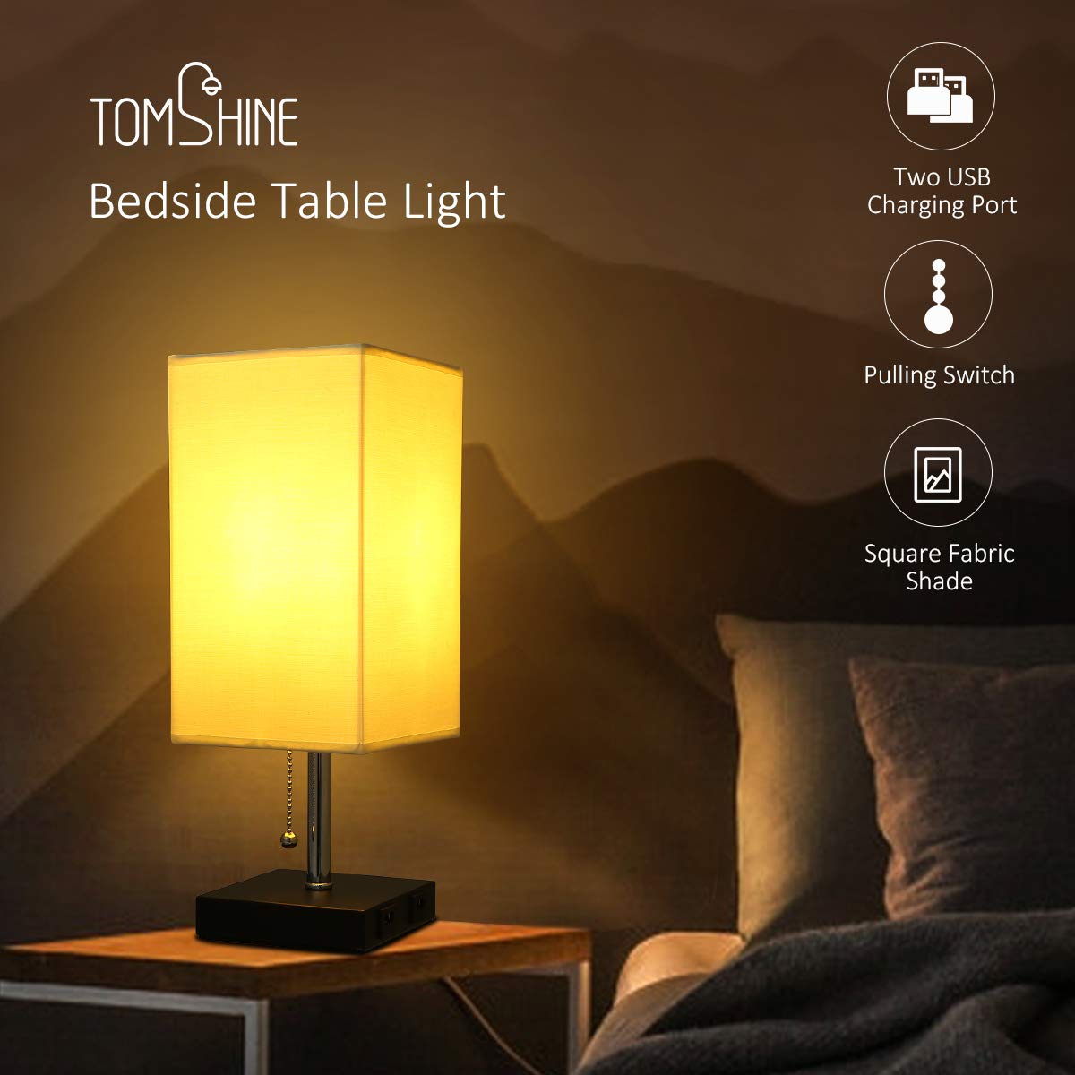 Tomshine USB Bedside Table Lamp with Pull Chain Switch Modern