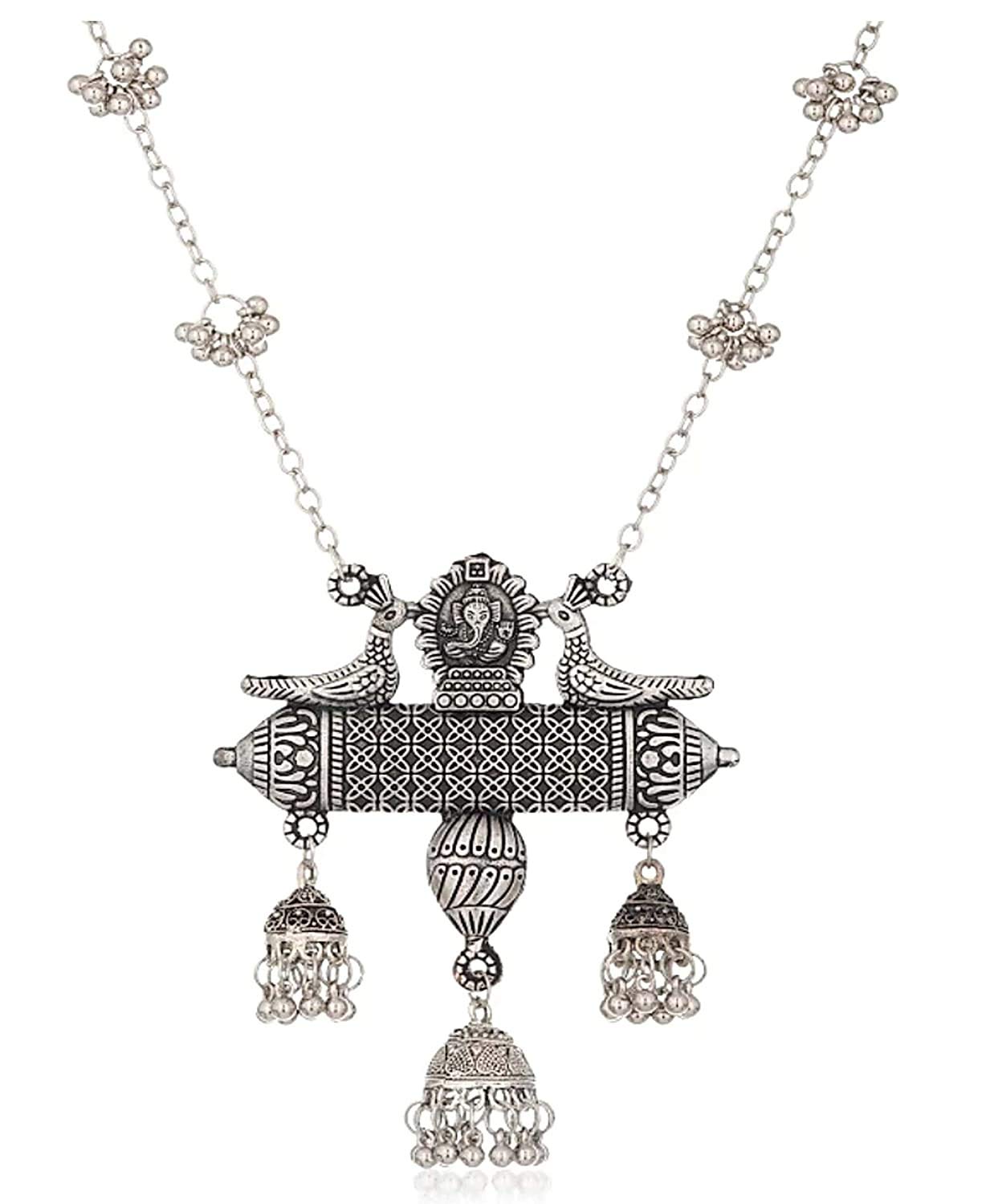 Oxidised Long Chain Pendant Earrings Set