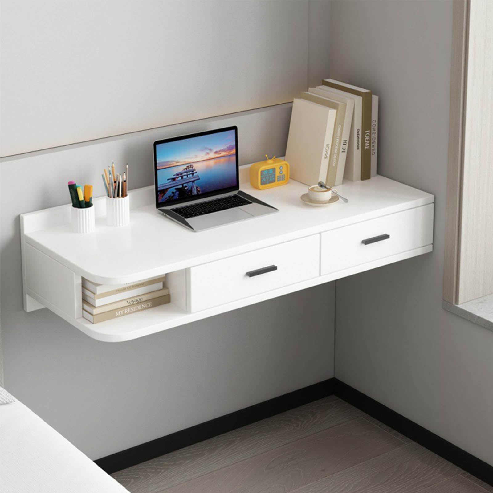 Floating Dressing Table with Drawers, Wooden Laptop Computer Desk,Space Saving Makeup Vanity Storage Cabinet,Wall Mounted Nightstand Bedside Table for