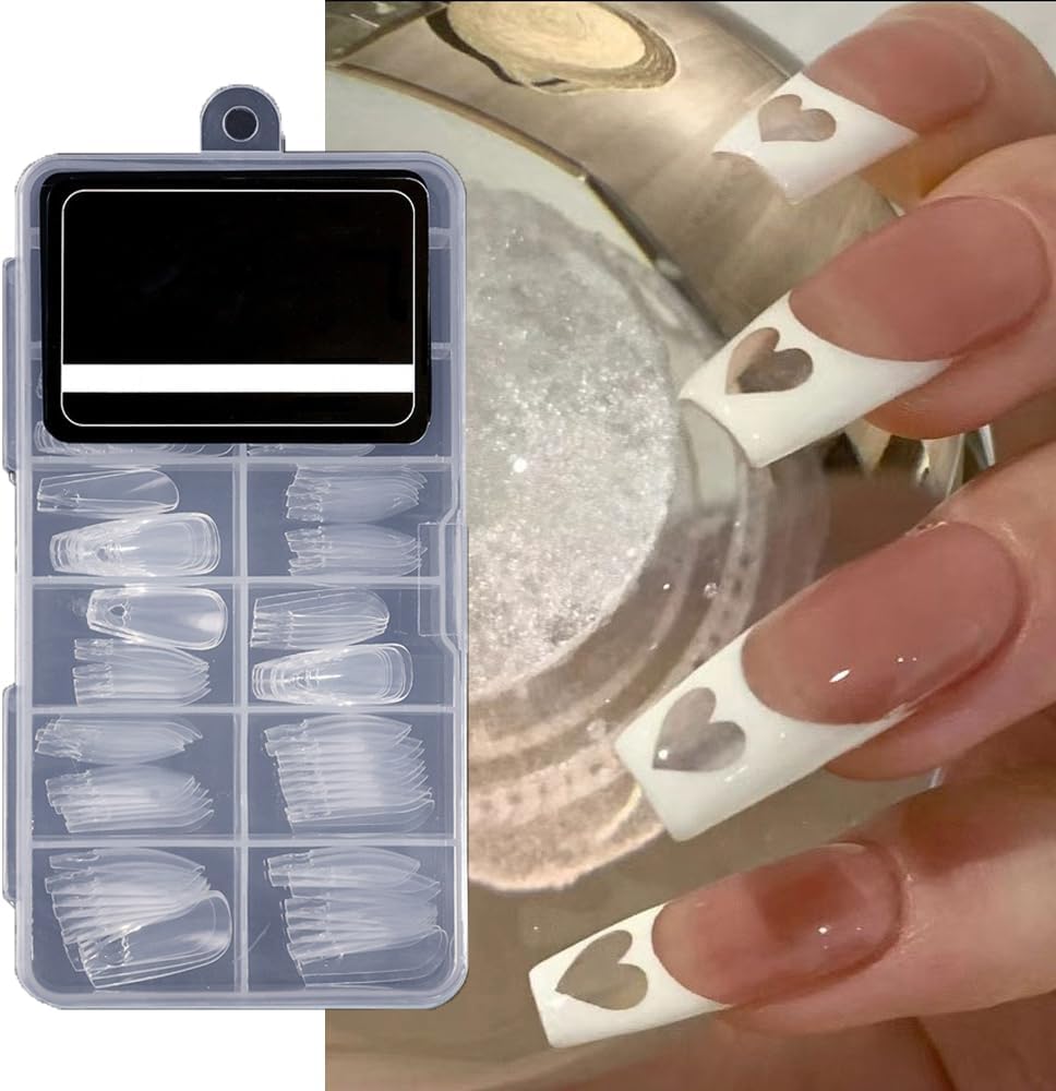 120 PCs Long Coffin Shape Nail Tips with Hollow Heart Design - Transparent Acrylic False Nails for DIY Nail Art, Manicure Extension | Durable & Easy to Apply | Professional Salon & Home Use