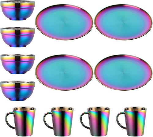 Juego de platos y cuencos, platos de acero inoxidable, tazones, tazas, vajilla de cocina para 4 (arco iris, plato de 11.8 pulgadastazastazas)