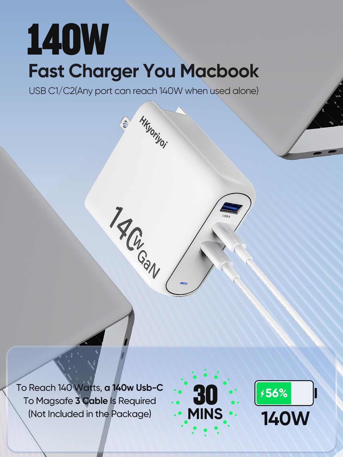 140W USB C Charger, PD3.1 GaN 3-Port Fast Laptop Charger Block 140W Fast Charging Power Adapter for MacBook Pro 16'', Dell XPS, iPad Pro, Galaxy, iPhone 16/15 Pro, Chromebook, Power Bank