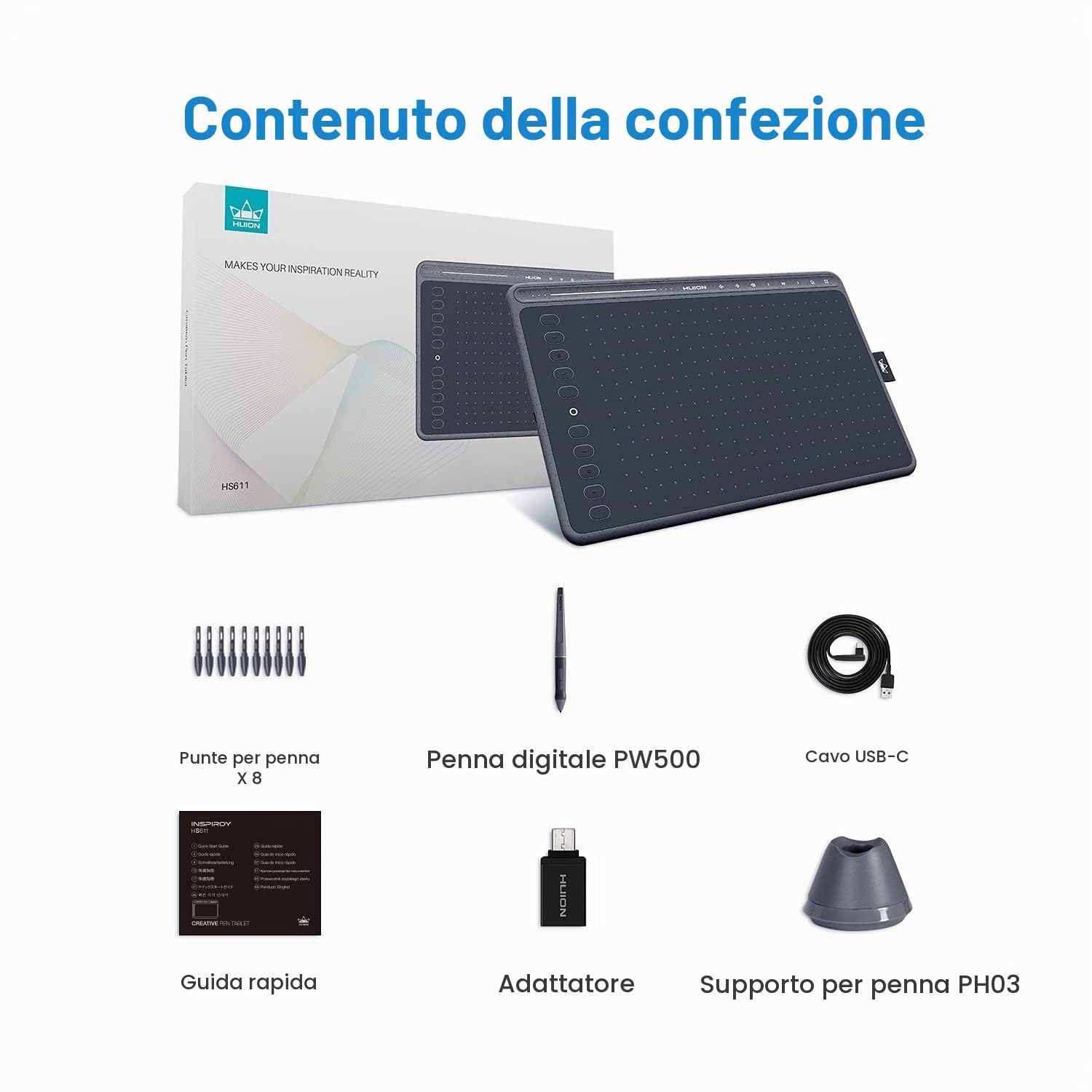 HUION Nuovo HS611 (Grigio) Tavoletta Grafica Professionali, Penna Digitale PW500 senza Batteria, Dotata di Pulsanti Touch Multimediali (Volume Regolabile, Riproduzione di Musica)
