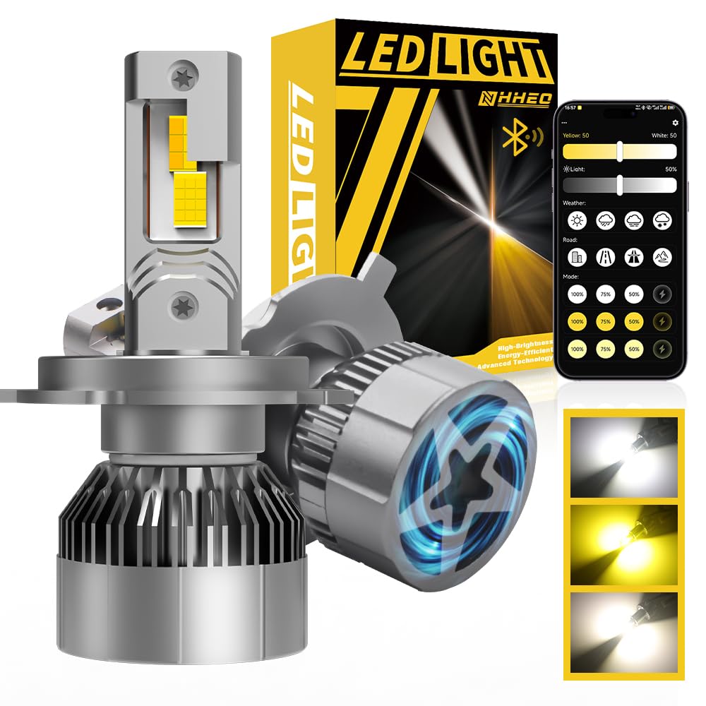 Lampadina LED H4, CANBUS Senza Errori H4 LED Controllo Tramite App Intelligente Luminosità&Temperatura di Colore 3000K–6500K 150W 800% Super Luminoso Connessione Bluetooth(2 Pz)