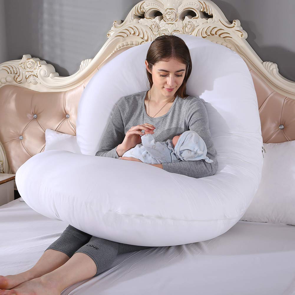 HONGBI Schwangerschaftskissen Lagerungskissen Ergonomisch Konturierte Seitenschläferkissen C-förmiges Abnehmbar und Waschbar Weiß 80x155cm