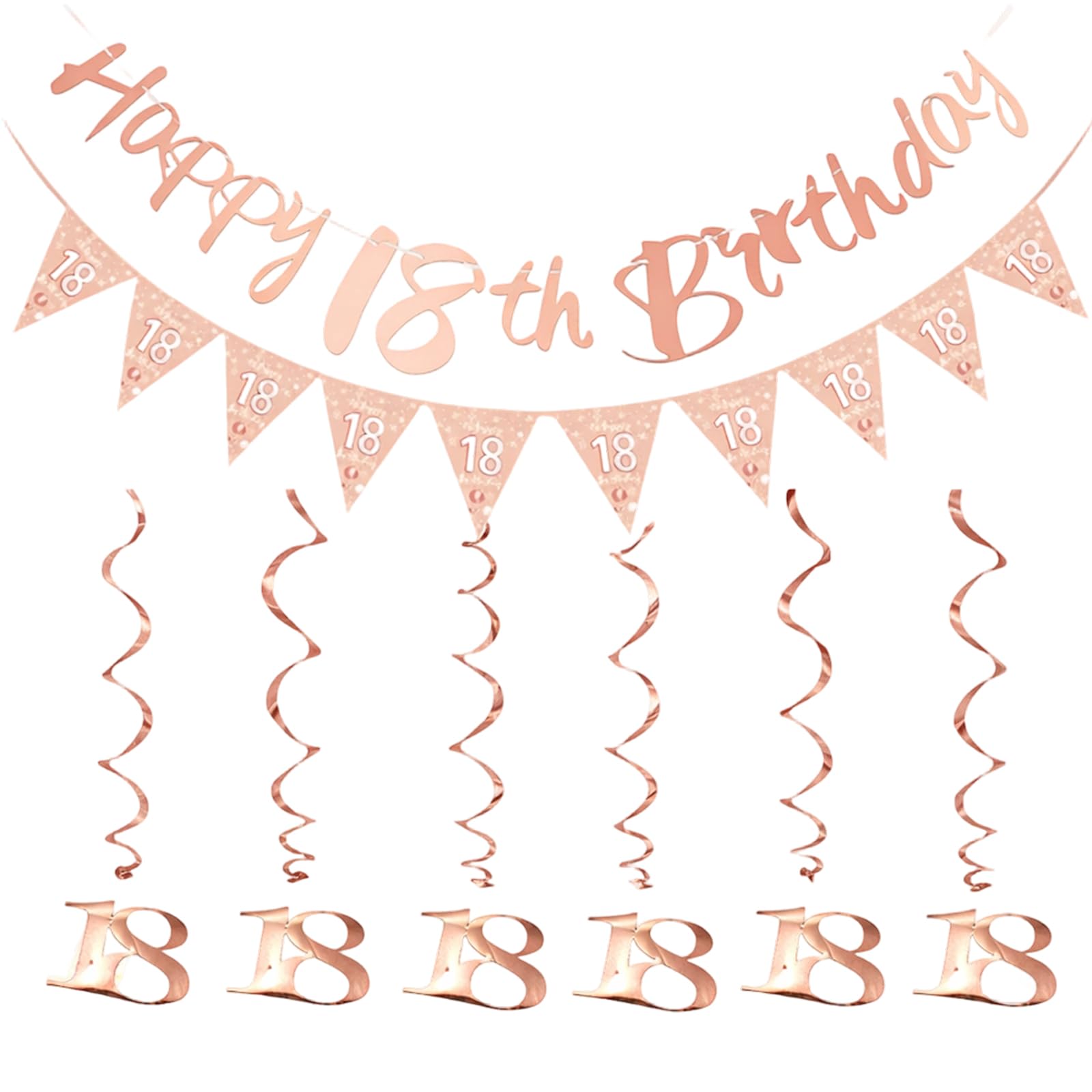 Two Banners and Six Spiral Hanging Decorations, 18th Birthday Banner, 18th Birthday Decorations with Rose Gold Spiral Numbers, Suitable for Photo Backdrops and Banquet Hall Decorations