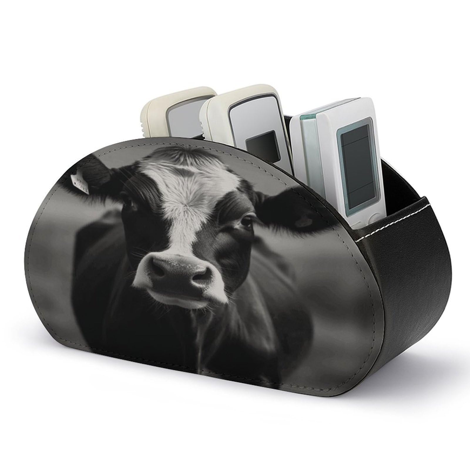 FekiLoot Black White Cow Face Remote Control Holder with 5 Compartments Remote Organizer Caddy for Table TV Remote Caddy Storage Box/Tray Fits Media Controllers Office Supplies