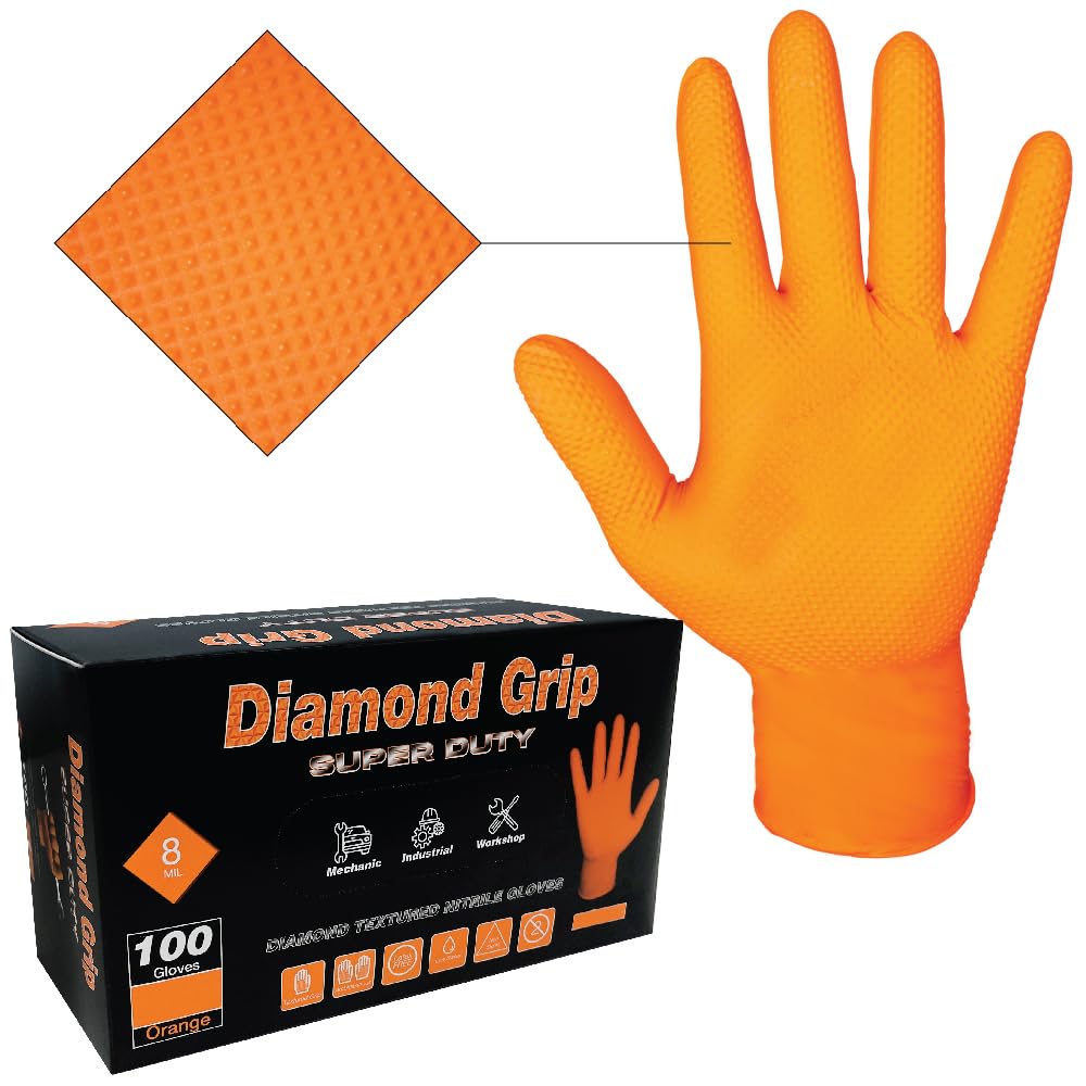 Heavy Duty 8-Mil Industrial Orange Nitrile Gloves with Raised Diamond Texture, X-Large, Latex Free, Powder Free, Pack of 100 (1 Box)