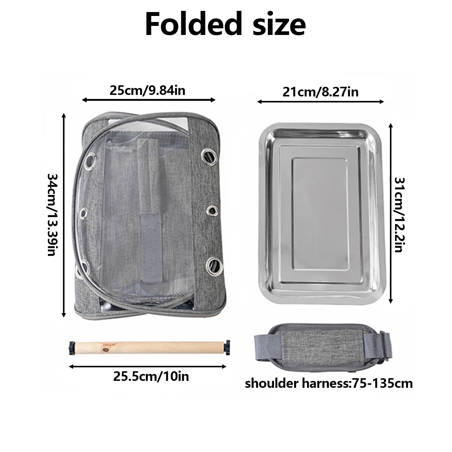 Bolsa de transporte para pájaros, portátil, transpirable, jaula de viaje con bandeja y postes de acero inoxidable, apto para pájaros, animales pequeños (gris)