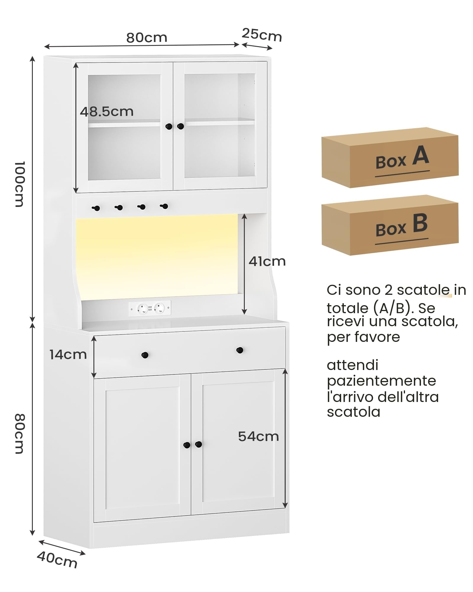 KIMENICH Credenza, Credenza Cucina con LED, Presa Elettrica, Ripiani Regolabili, Mobile Buffet con Cassetti, Armadio da cucina, Piano di Lavoro, Cucina, Sala da Pranzo, 80 * 40 * 180 cm, Bianca