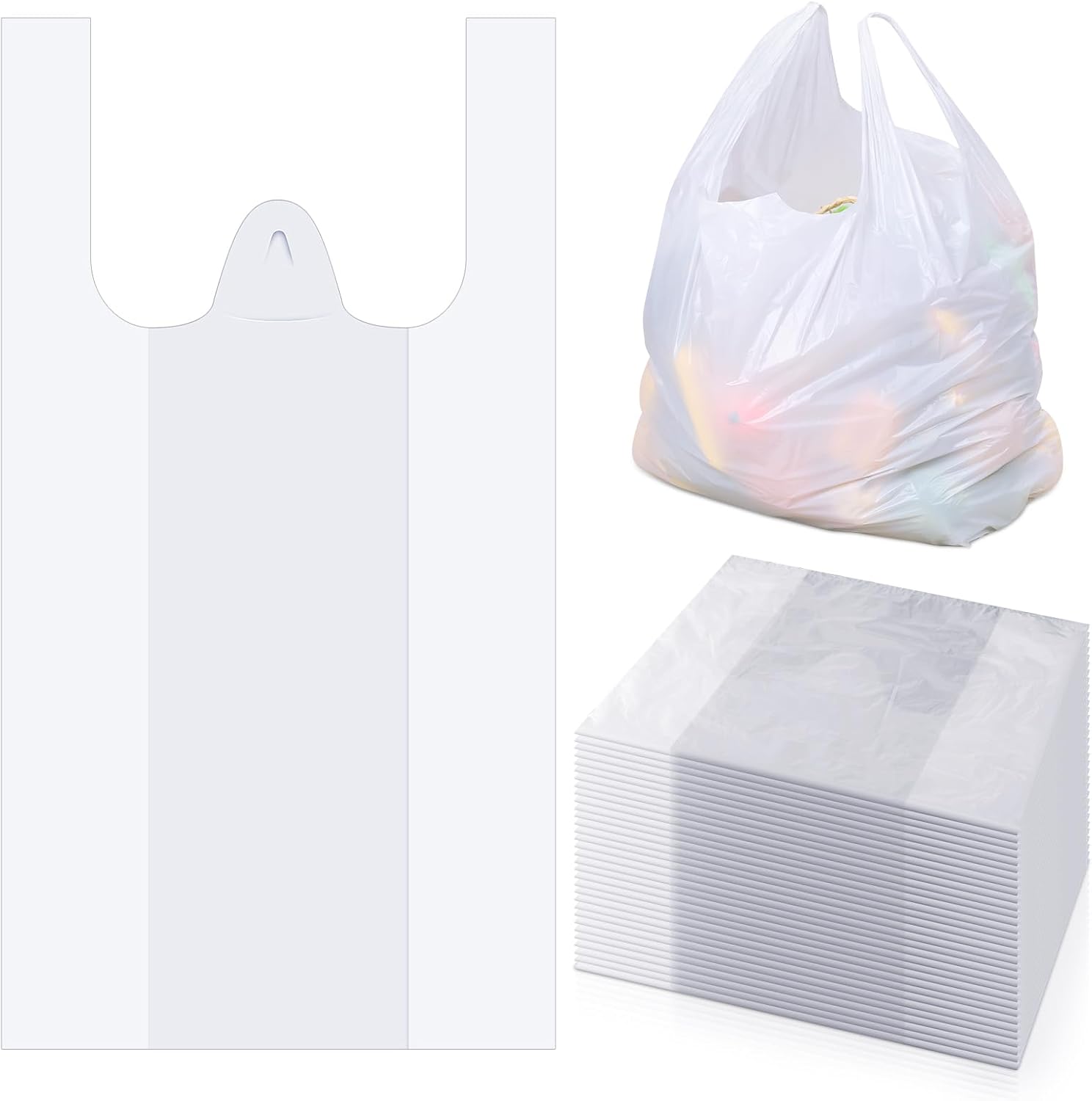 Kisston 400 Count Jumbo Size Plastic T Shirt Bags with Handles, 35 Mic, XX Large Plain Plastic T Shirt Grocery Bags, Thick and Heavy Duty (White,28" x 17") White 28" x 17"