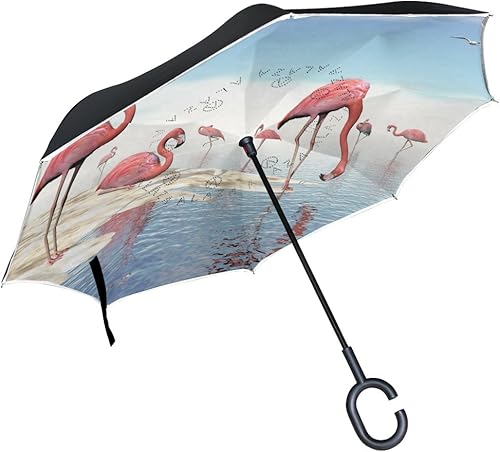 ALAZA Paraguas invertido de flamenco de playa, paraguas reversible grande de doble capa para exteriores, lluvia, sol
