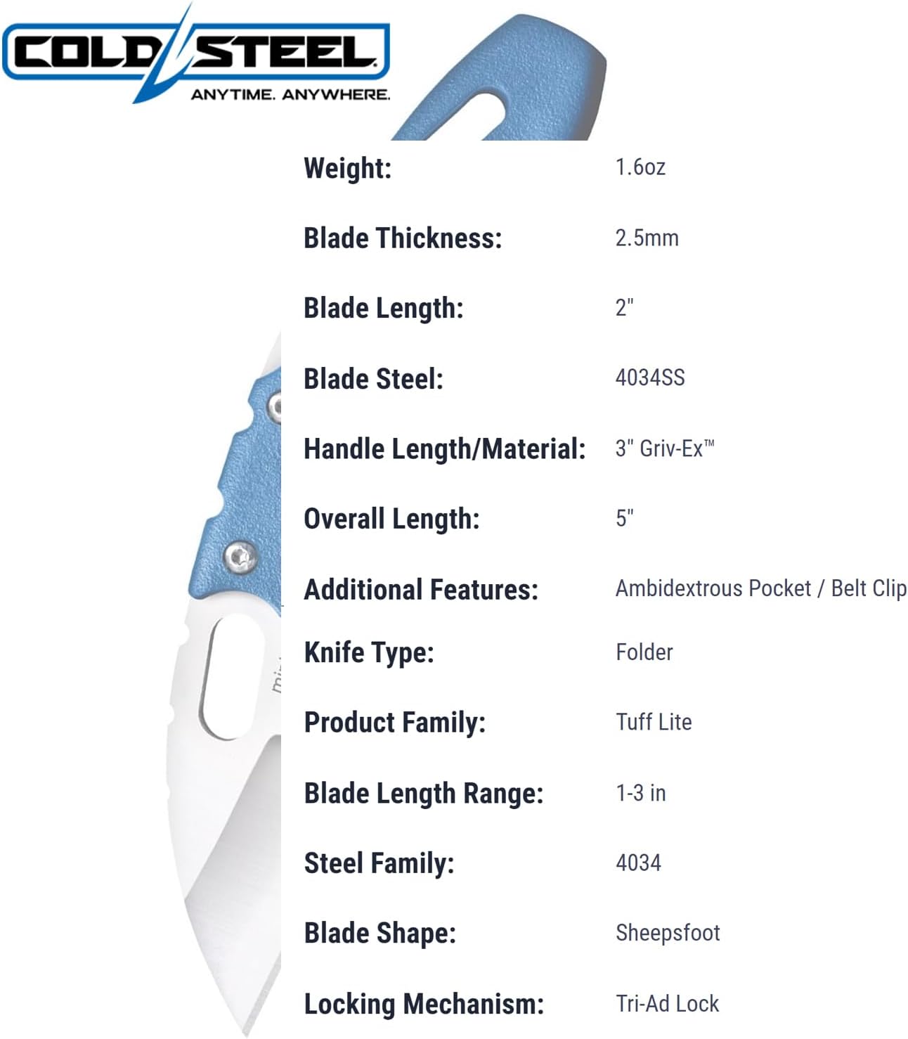 COLD STEEL Mini Tuff Lite 2" 4034SS Sheepsfoot Razor-Sharp Blade 3" Griv-Ex Handle Everyday Carry Pocket Folding Knife w/Tri-Ad Lock